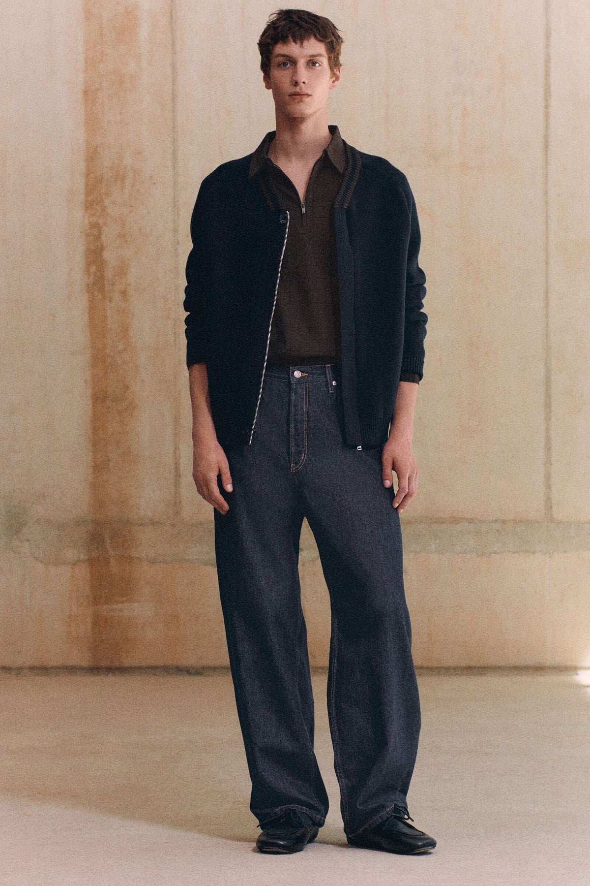 CÁRDIGAN DE MEZCLA DE ALGODÓN CON CUELLO RAYADO - AZUL MARINO / MARRÓN | Lookbook