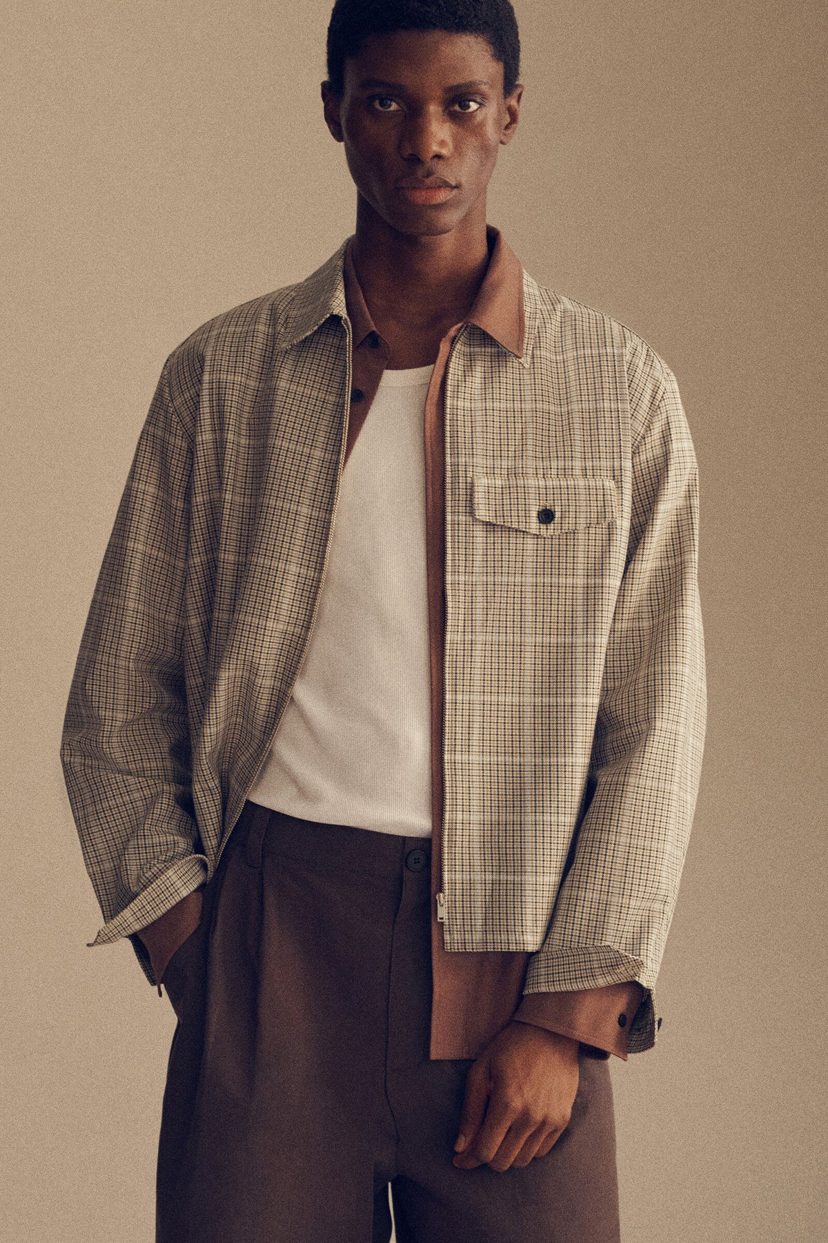 SOBRECAMISA DE ALGODÓN CON CIERRE DE CREMALLERA - BEIGE / A CUADROS | Lookbook