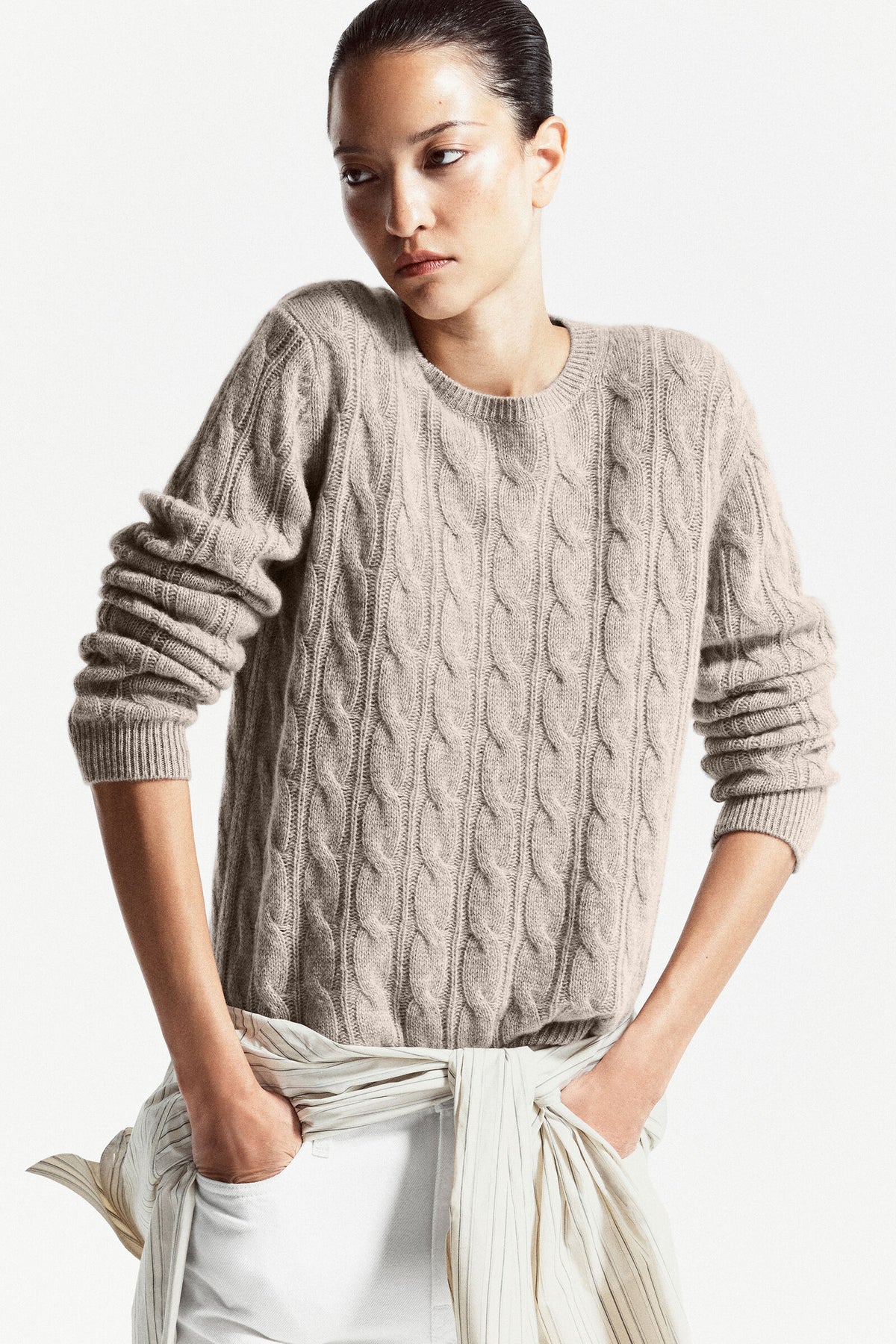 SUÉTER DE CASHMERE TEJIDO DE TRENZA - BEIGE