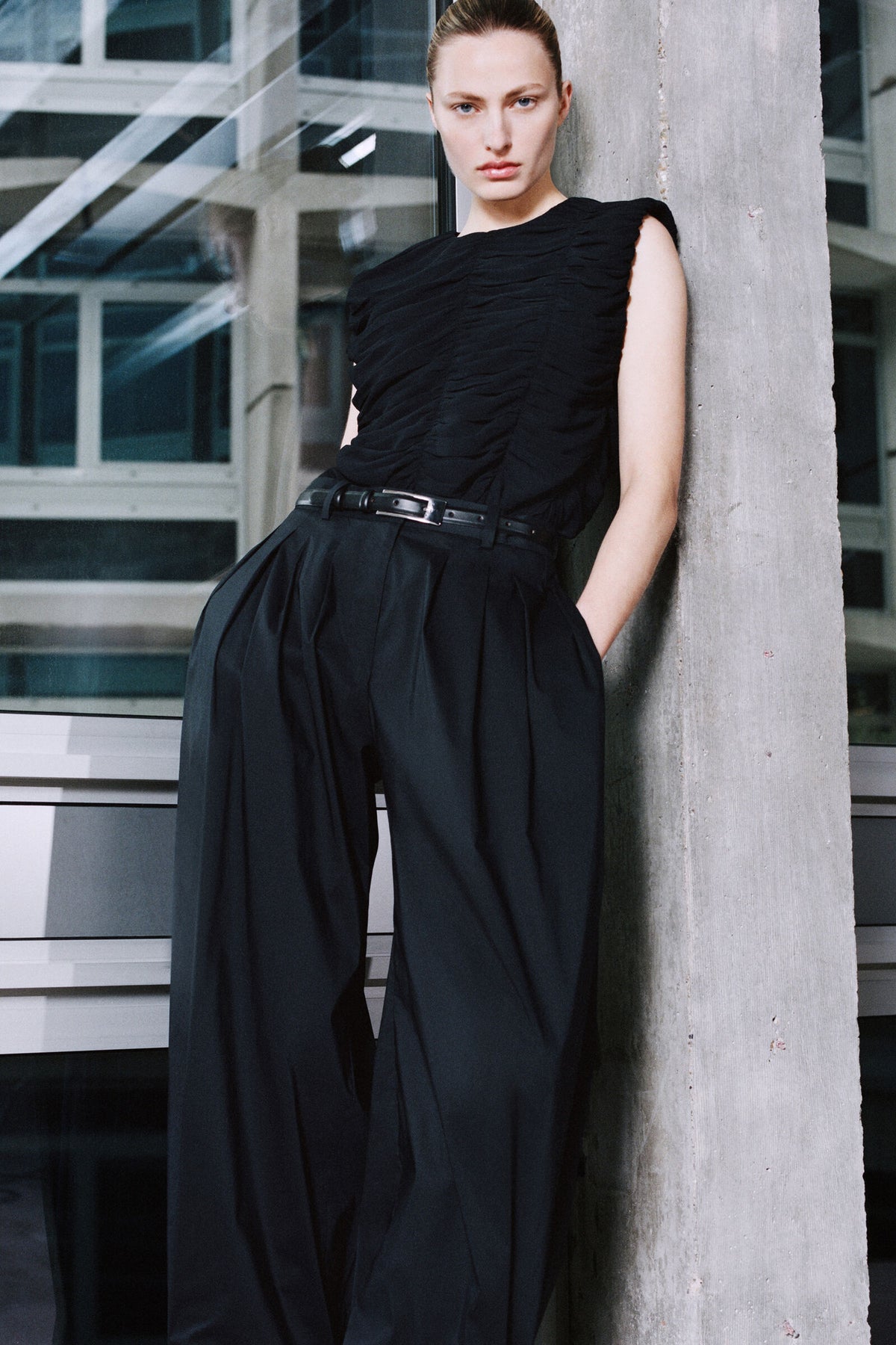GATHERED PANELLED TOP - NEGRO