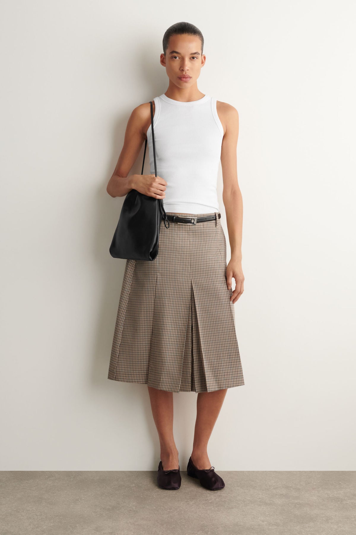 FALDA MIDI DE LANA CON PLIEGUES - BEIGE / CUADROS
