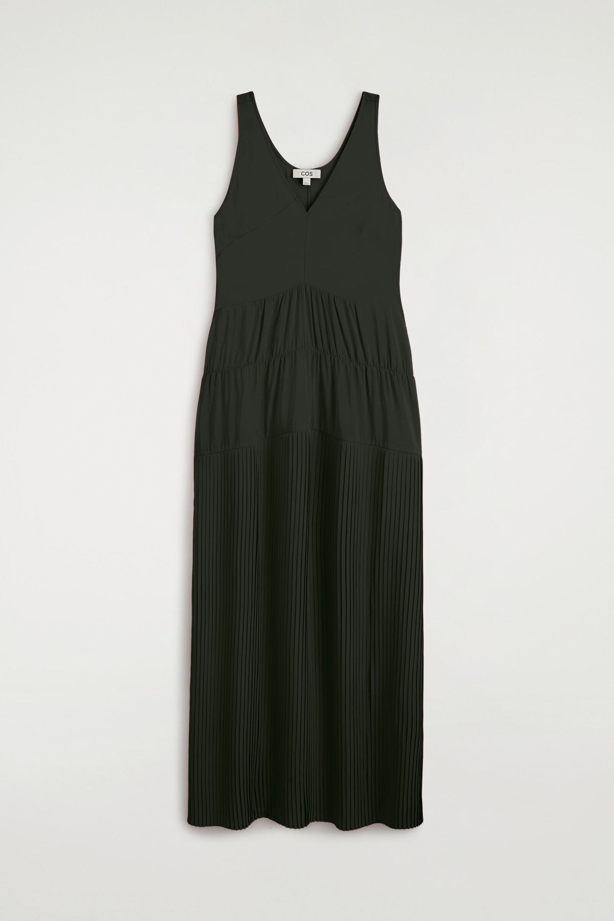 VESTIDO MAXI PLISADO CON ESCOTE V Y FRUNCIDO - VERDE OSCURO | DescriptiveStillLife