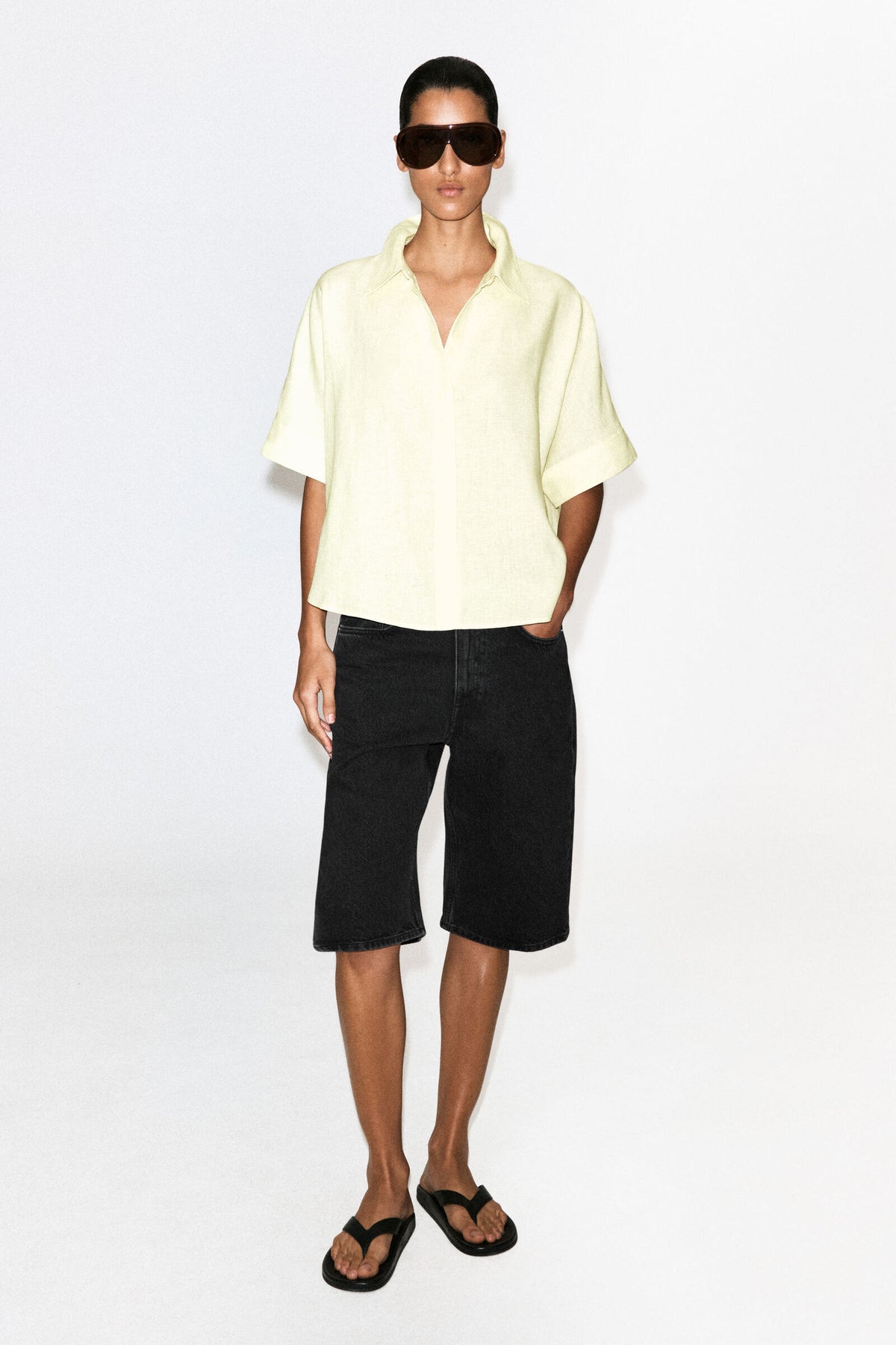 CAMISA DE LINO OVERSIZE DE MANGA CORTA - AMARILLO