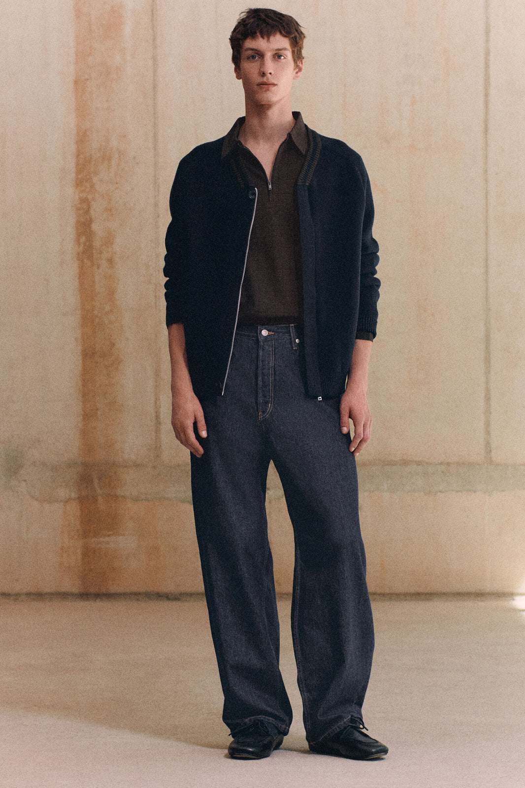 CÁRDIGAN DE MEZCLA DE ALGODÓN CON CUELLO RAYADO - AZUL MARINO / MARRÓN | Lookbook