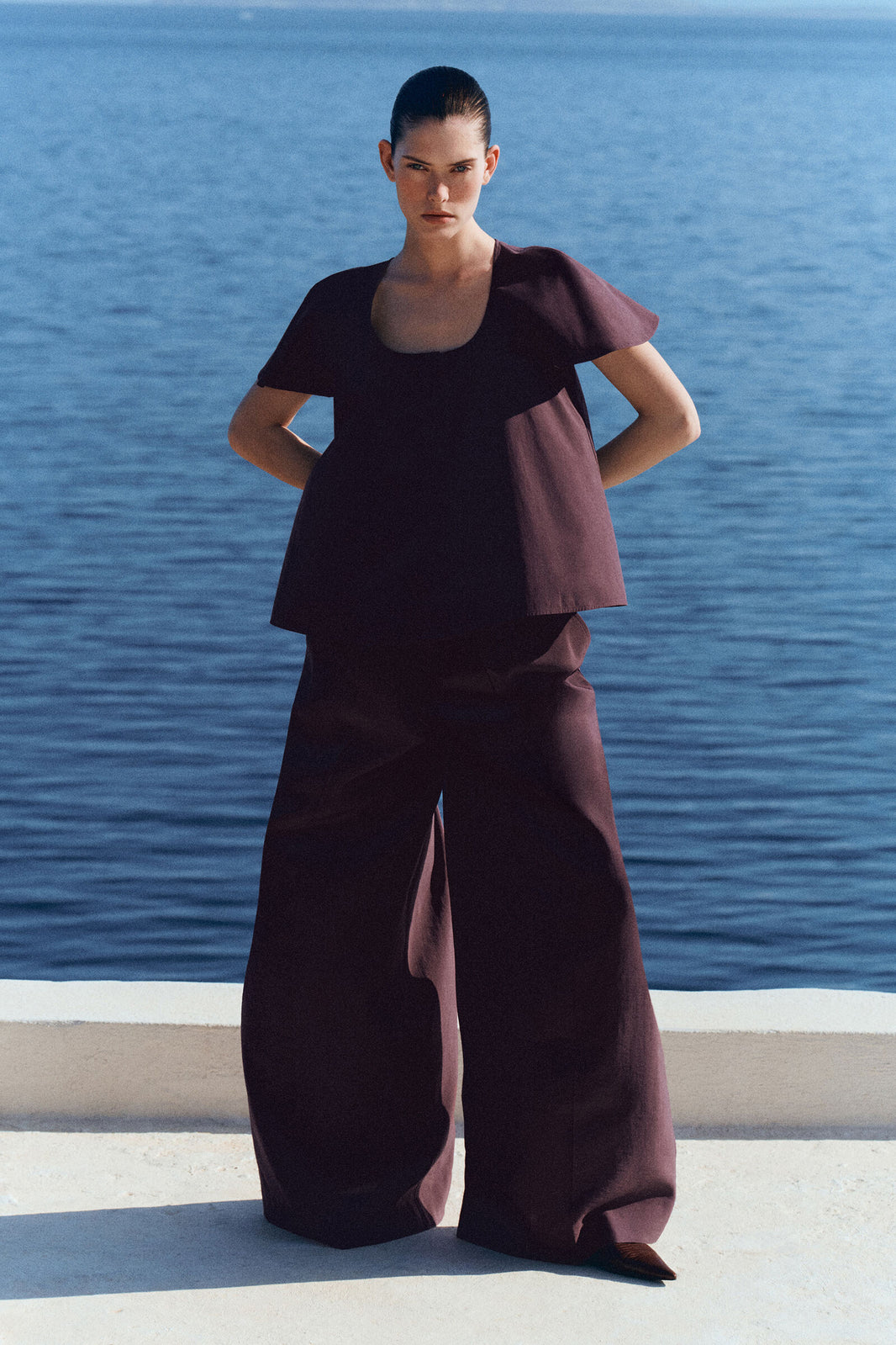 PANTALONES DE MODAL PLISADOS DE PIERNA ANCHA - ROJO OSCURO | Lookbook