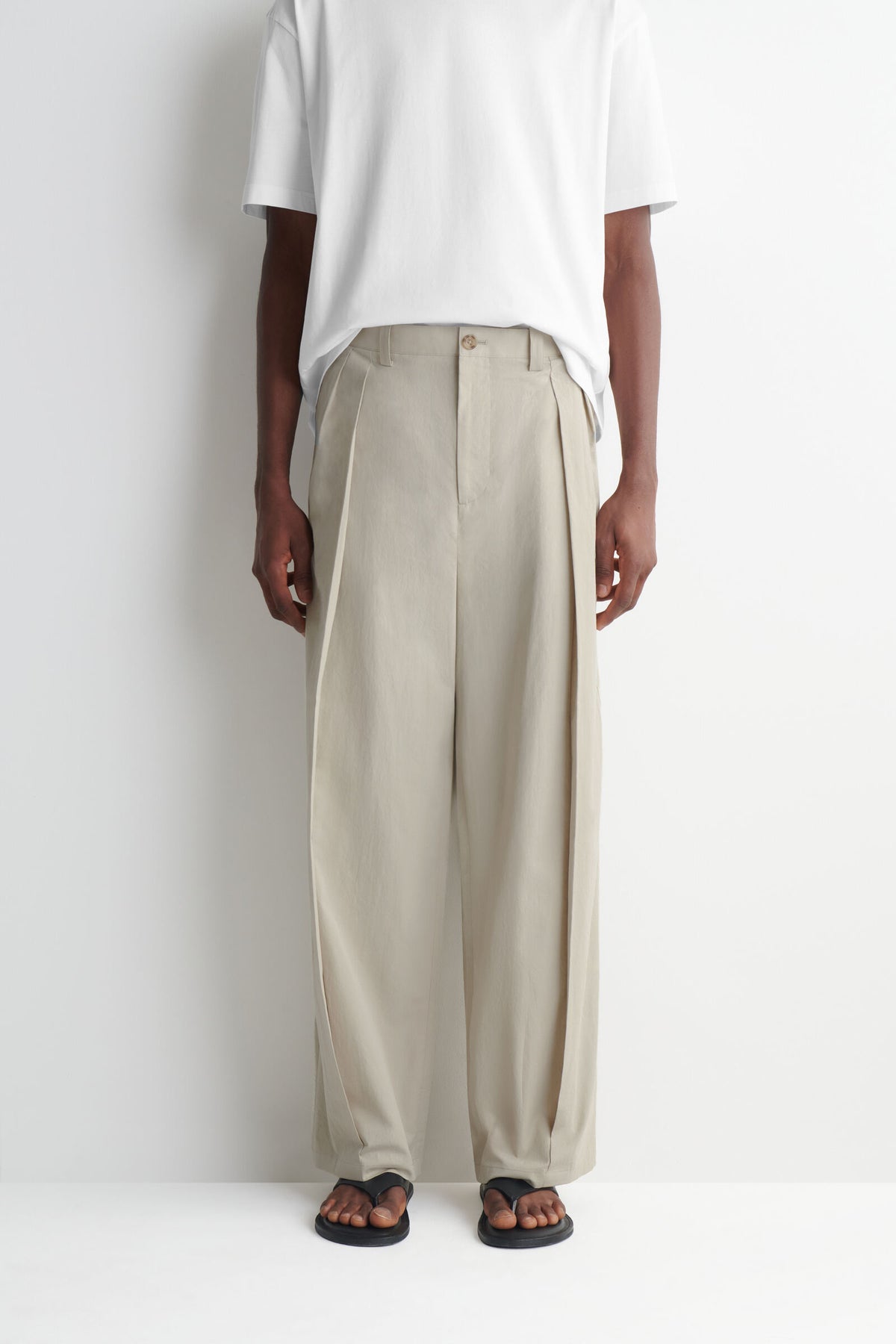 PANTALONES DE ALGODÓN RELAJADOS DE PIERNA ANCHA CON CORDÓN - BEIGE