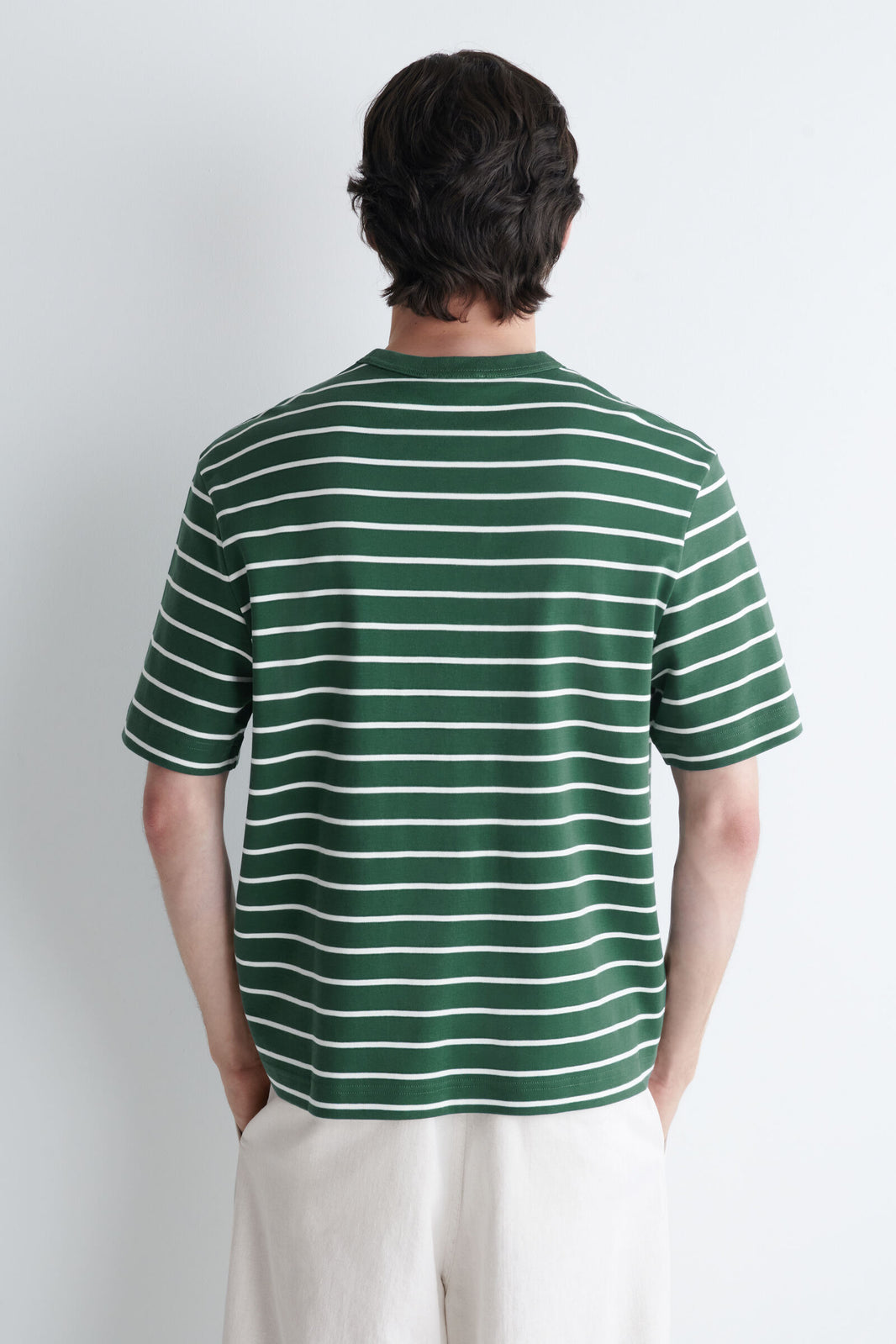 CAMISETA DE ALGODÓN ENTRELAZADO CON CUELLO REDONDO - VERDE / BLANCO / RAYAS