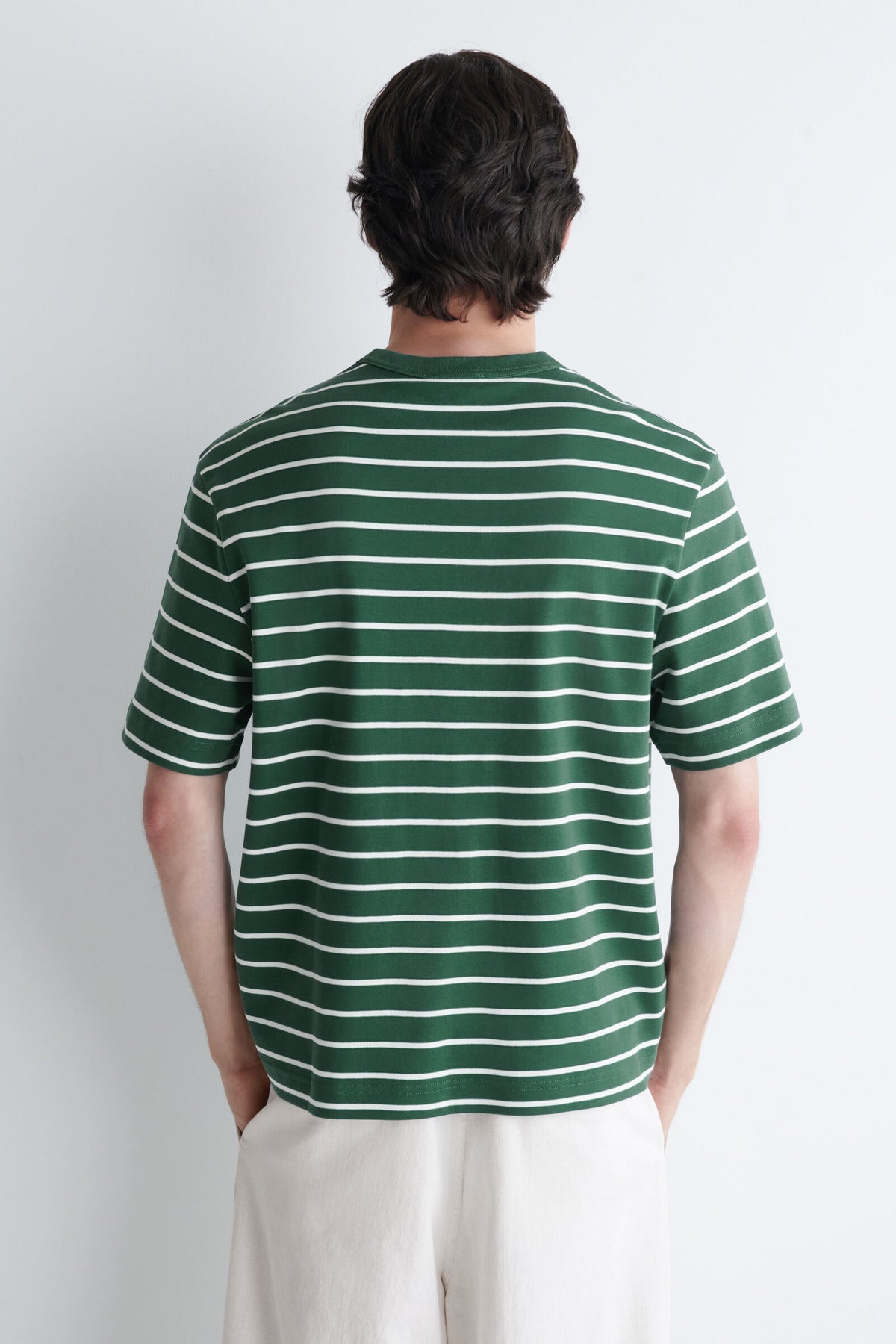 CAMISETA DE ALGODÓN ENTRELAZADO CON CUELLO REDONDO - VERDE / BLANCO / RAYAS