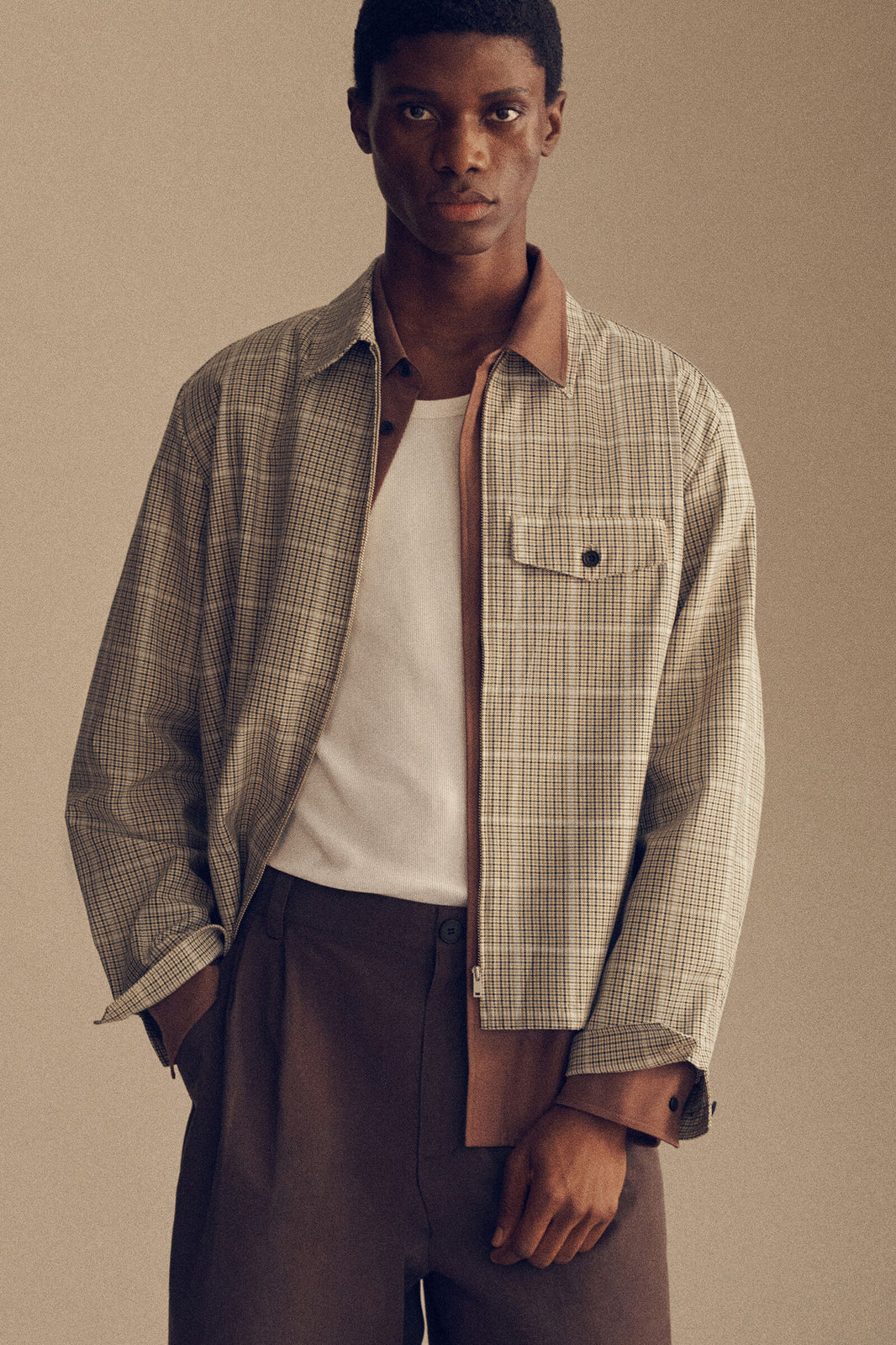 SOBRECAMISA DE ALGODÓN CON CIERRE DE CREMALLERA - BEIGE / A CUADROS | Lookbook