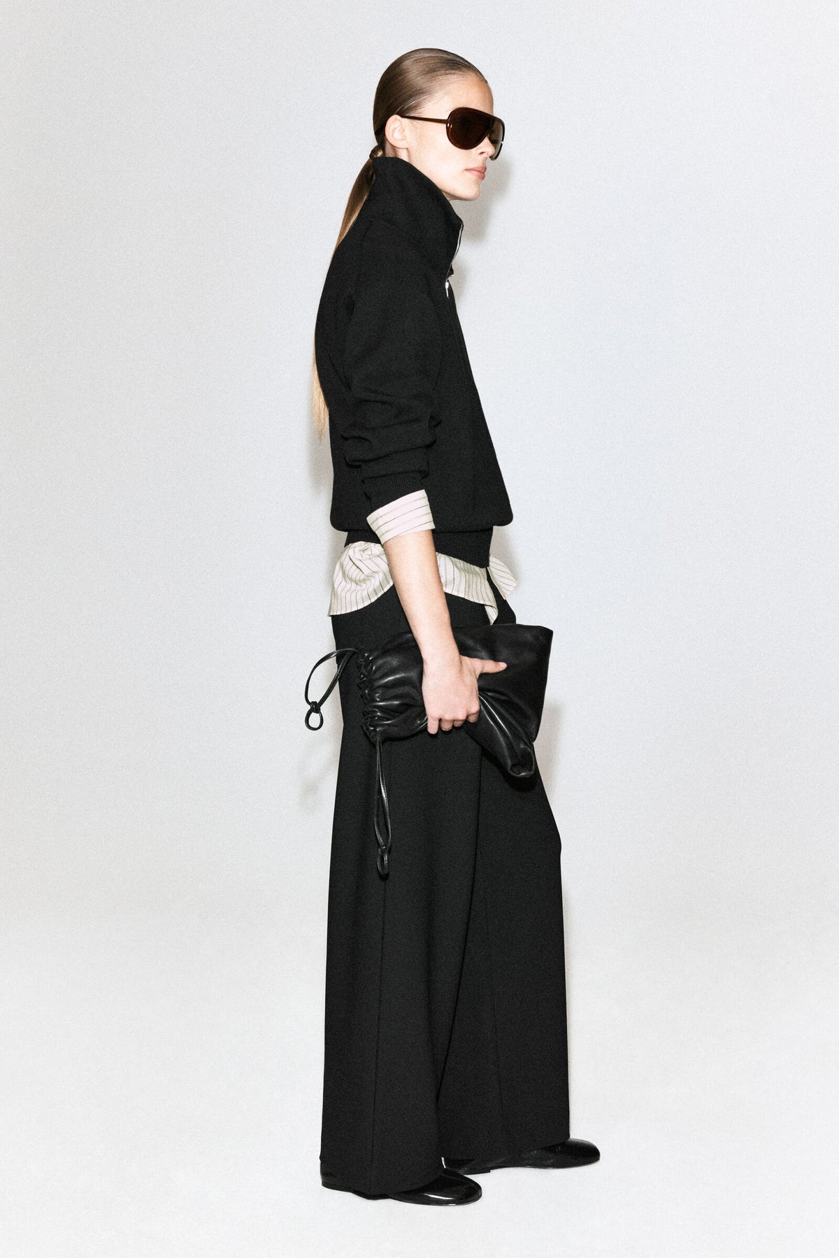 PANTALONES DE CREPE DE PUNTO DE PIERNA ANCHA - NEGRO