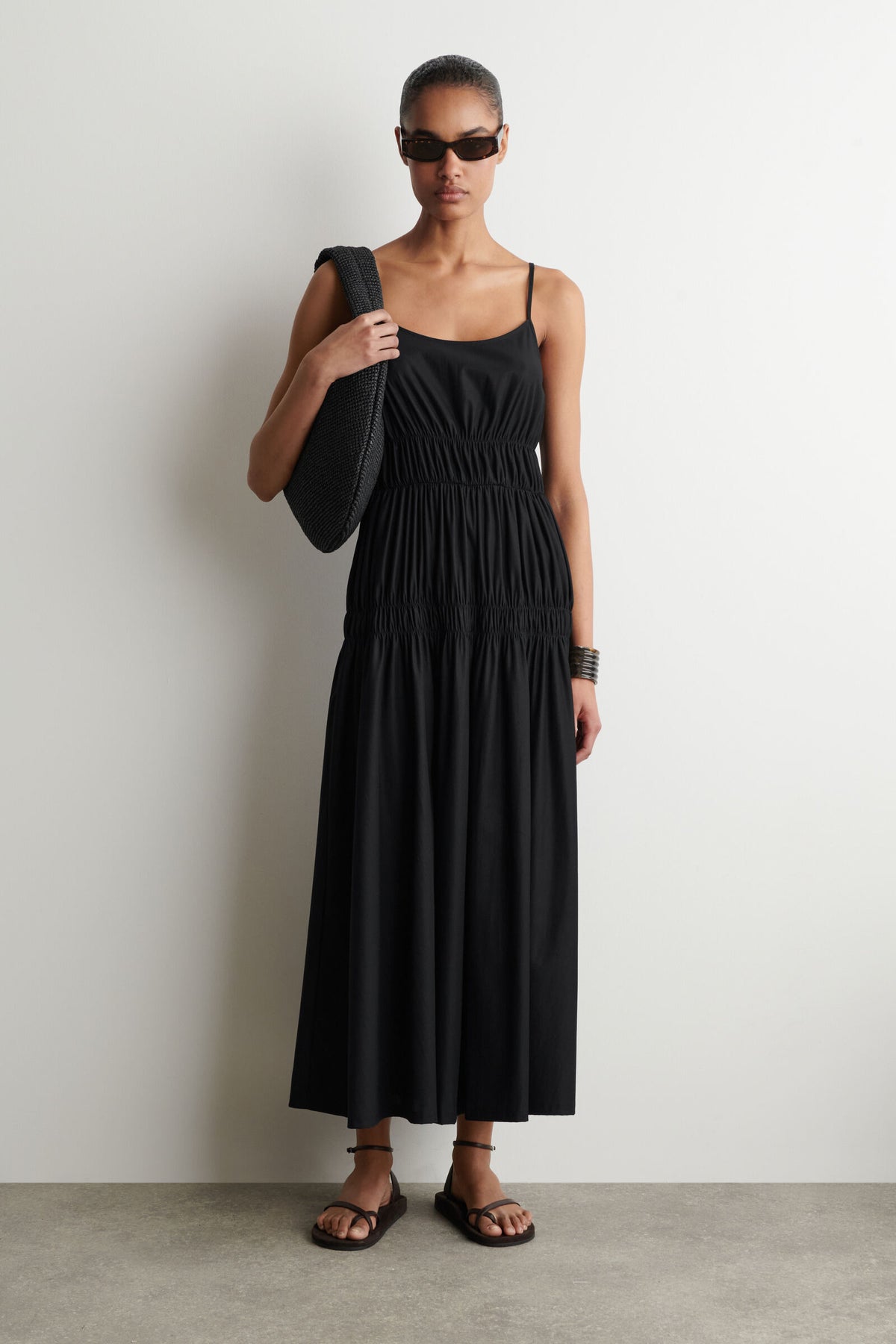 VESTIDO MIDI DE JERSEY RECOGIDO - NEGRO