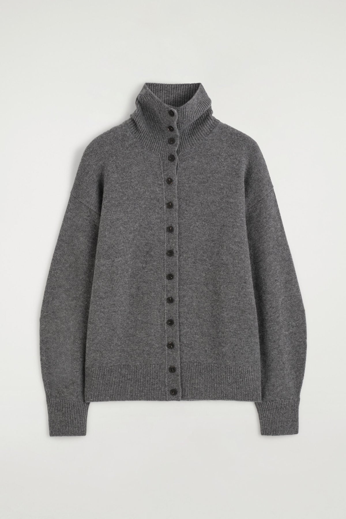 CÁRDIGAN DE CASHMERE ESCULPIDO CON CUELLO DE TUBO - GRIS MÉLANGE | DescriptiveStillLife
