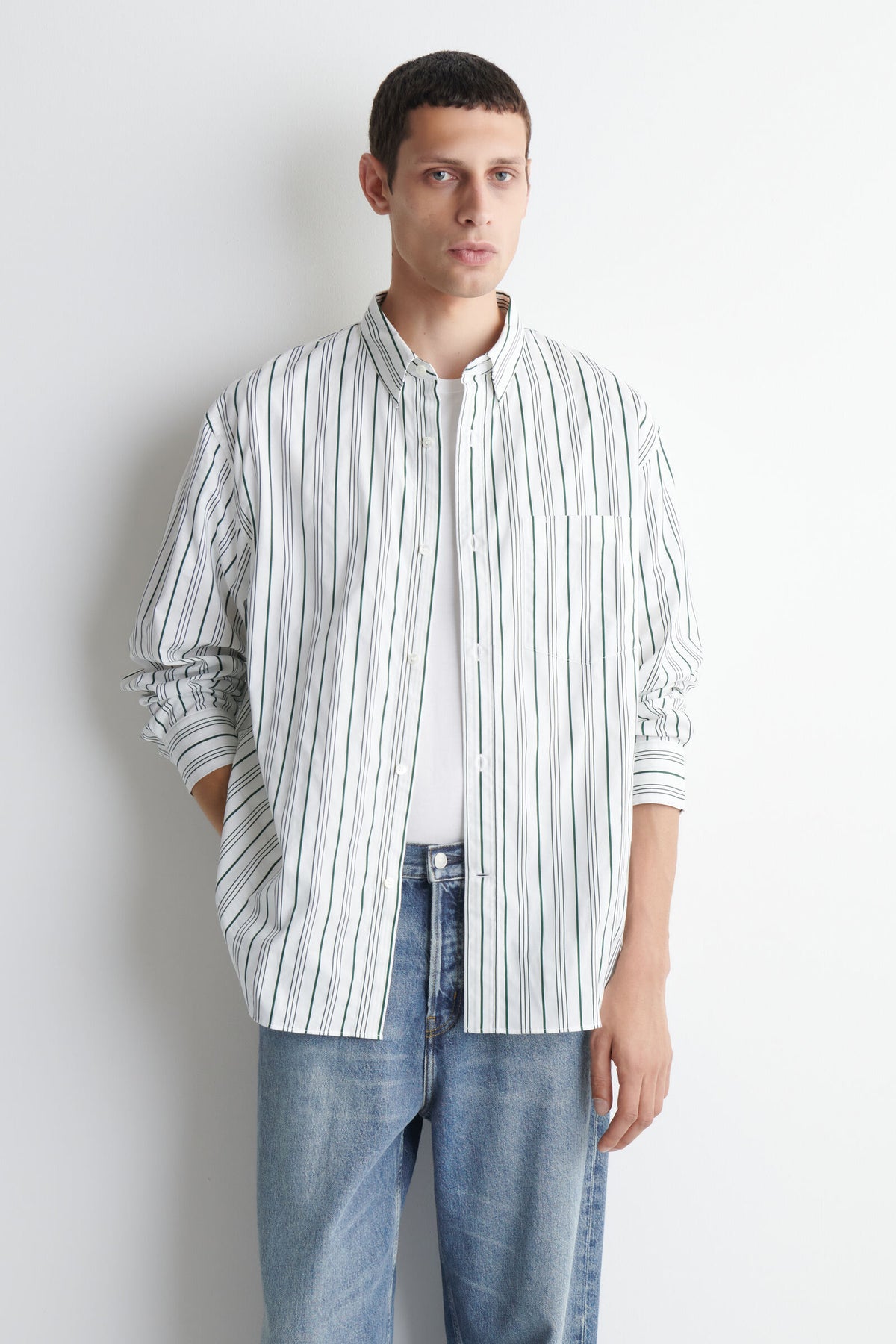 CAMISA OVERSIZED DE POPELINA DE ALGODÓN A RAYAS - BLANCO / VERDE / RAYADO