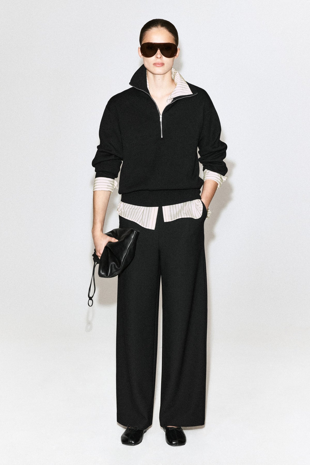 PANTALONES DE CREPE DE PUNTO DE PIERNA ANCHA - NEGRO