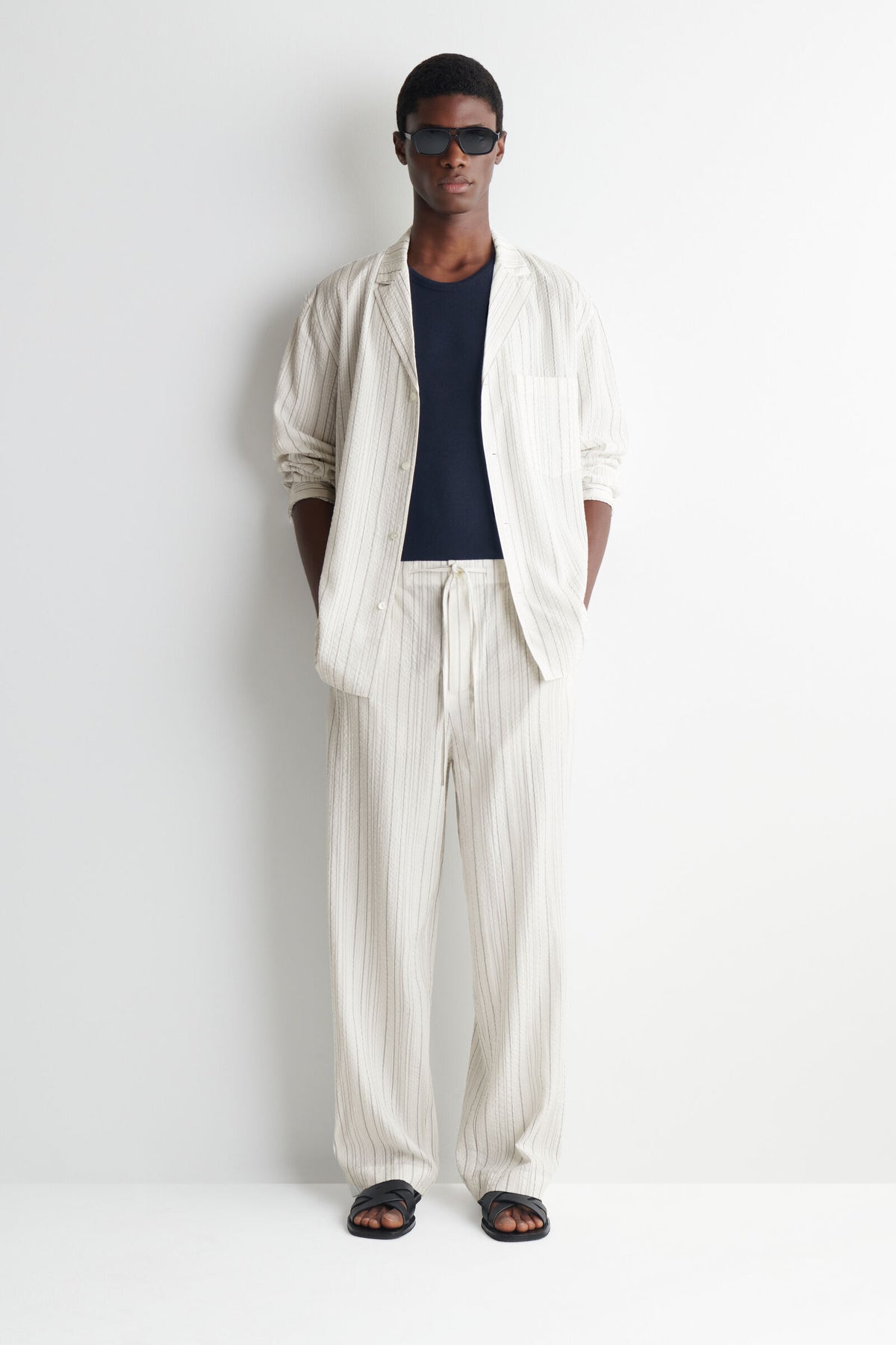 CAMISA CON CUELLO CAMP Y RAYAS - BLANCO