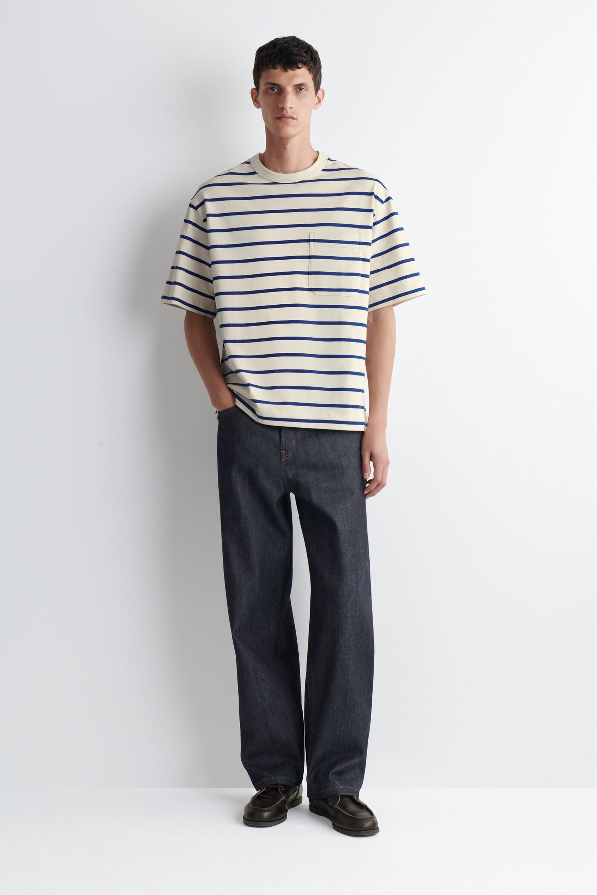 CAMISETA OVERSIZE CON BOLSILLOS - AZUL / BLANCO / RAYADO