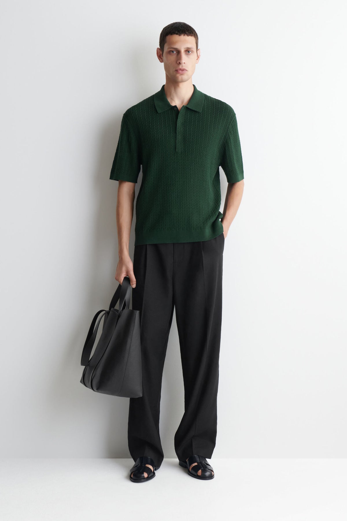 POLO DE ALGODÓN Y LINO TEJIDO EN TRENZAS - VERDE OSCURO