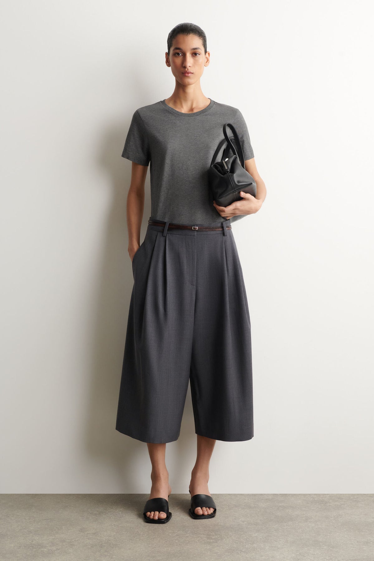 CAMISETA DE ALGODÓN CON CUELLO REDONDO - GRIS JASPEADO
