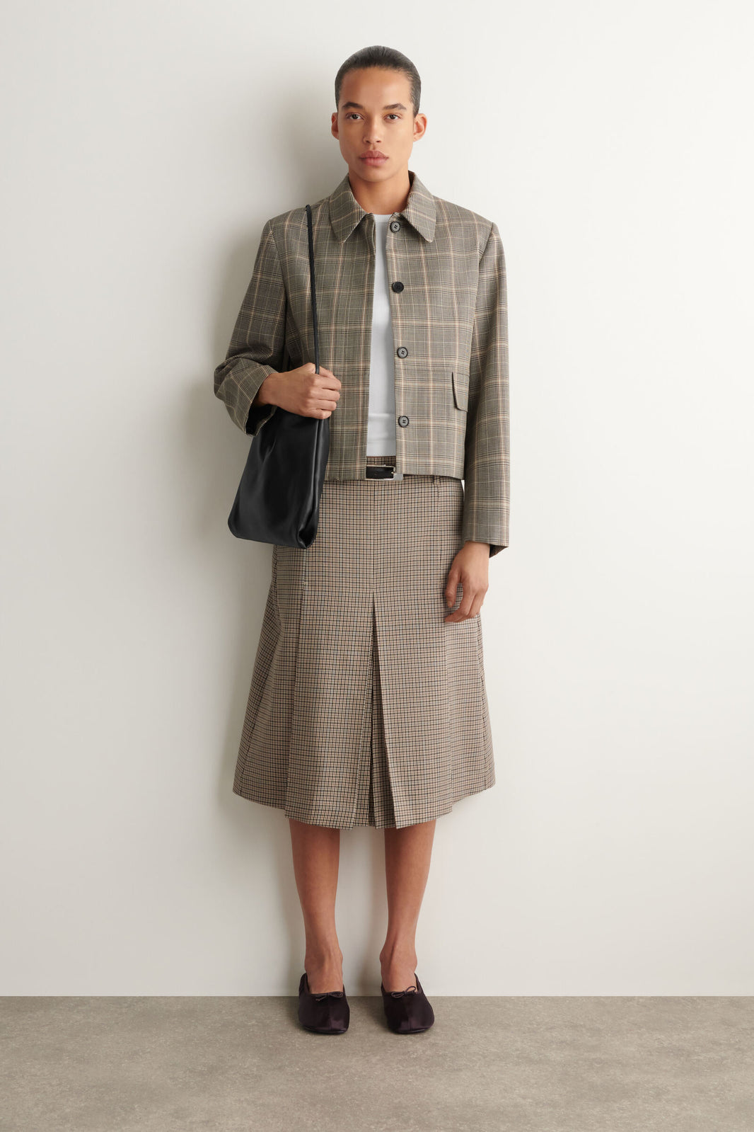 FALDA MIDI DE LANA CON PLIEGUES - BEIGE / CUADROS