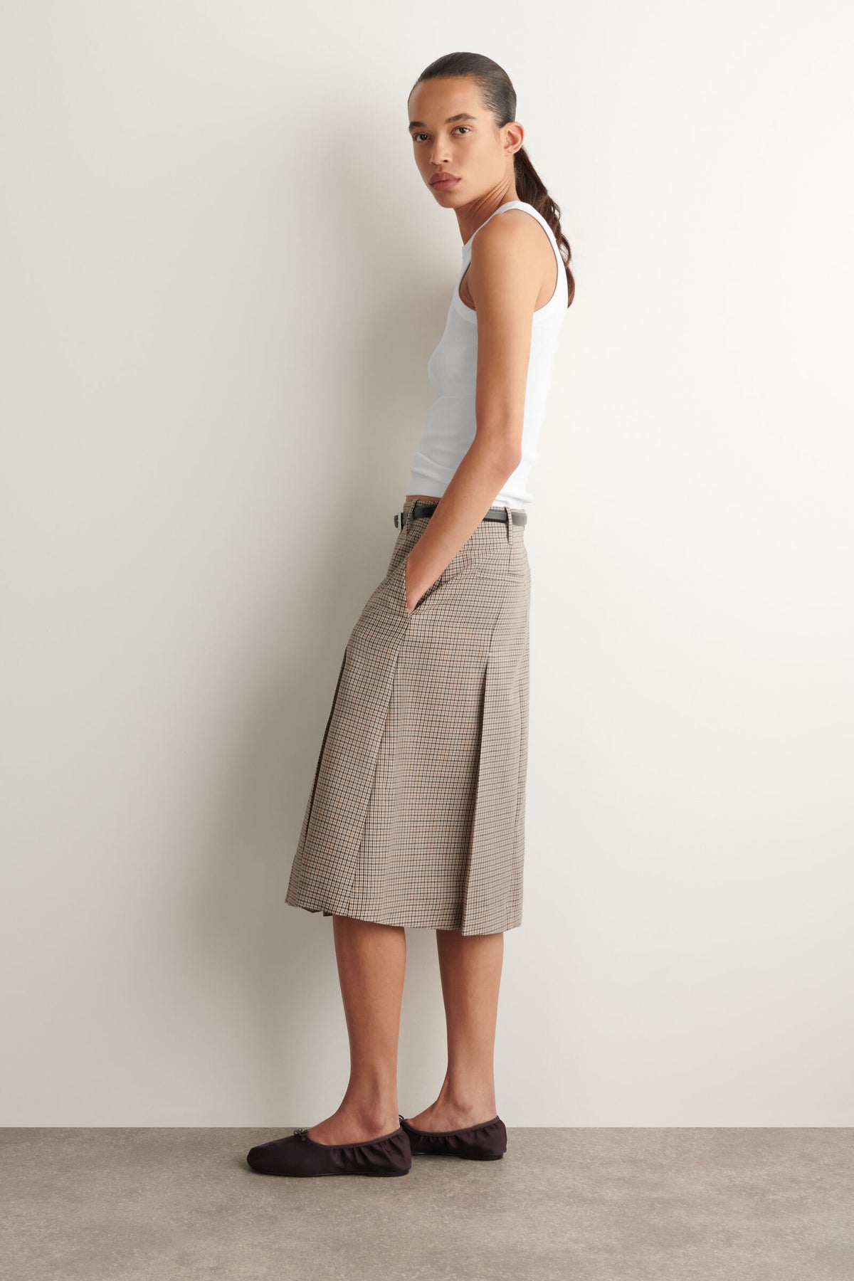 FALDA MIDI DE LANA CON PLIEGUES - BEIGE / CUADROS