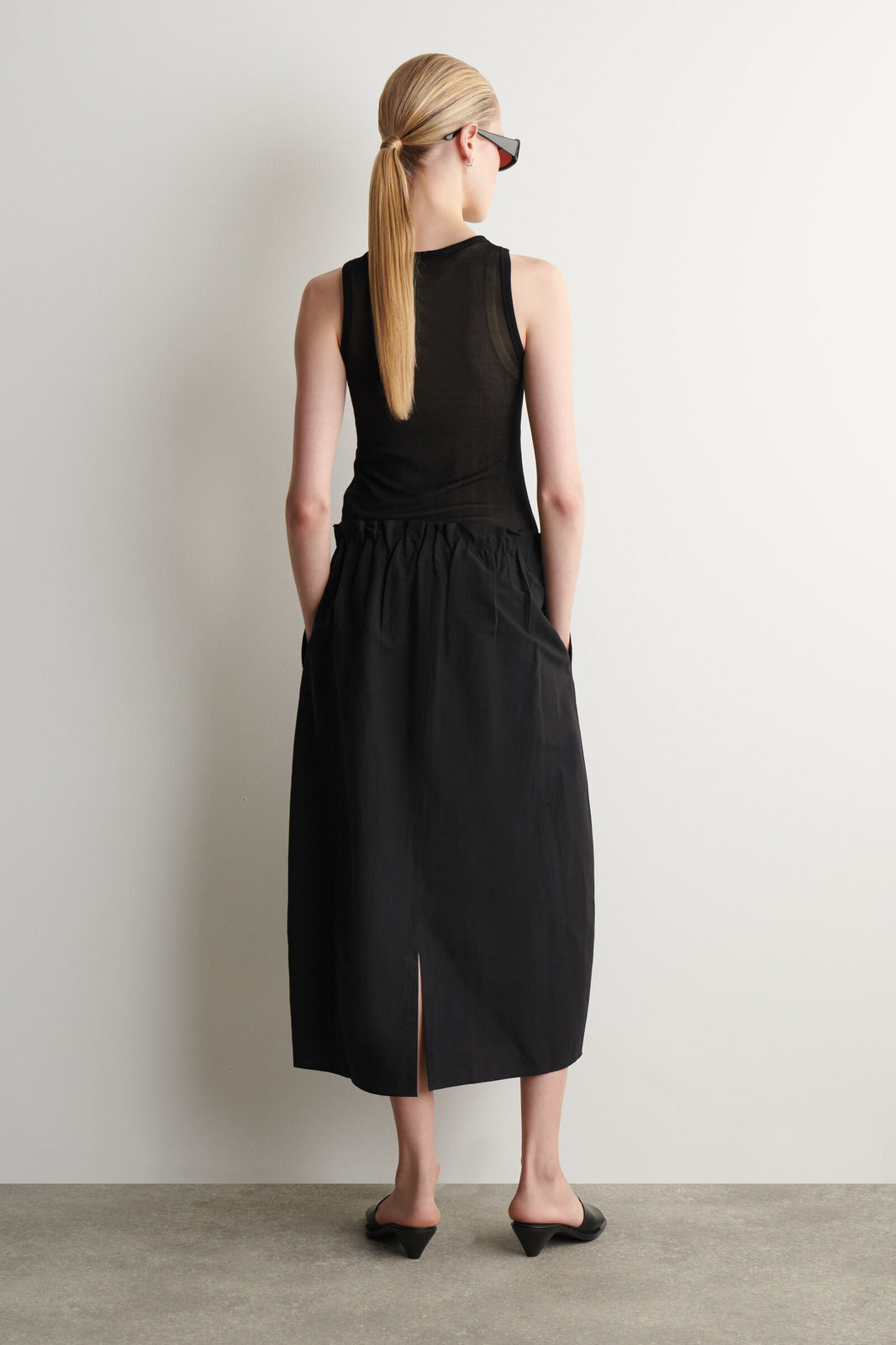 FALDA MIDI DE GLOBO DE ALGODÓN-LINEN - NEGRO