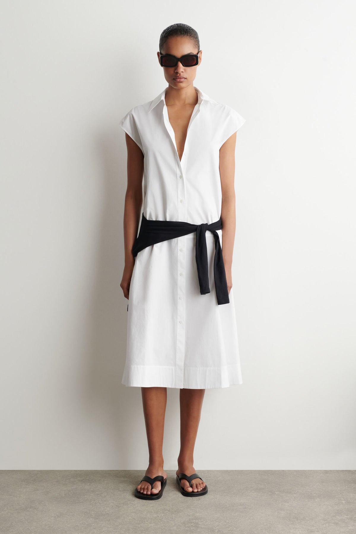 VESTIDO CAMISERO SIN MANGAS DE POPLIN DE ALGODÓN - BLANCO