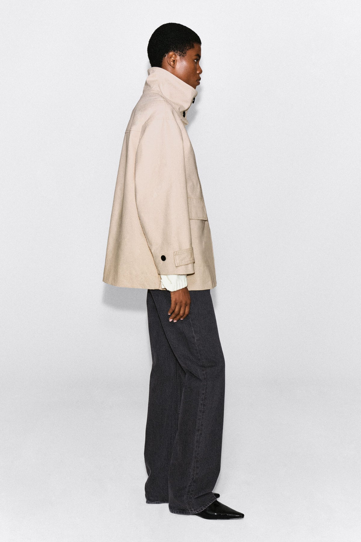 CHAQUETA DE CUELLO DE EMBUDO DE ALGODÓN-TWILL - BEIGE CLARO