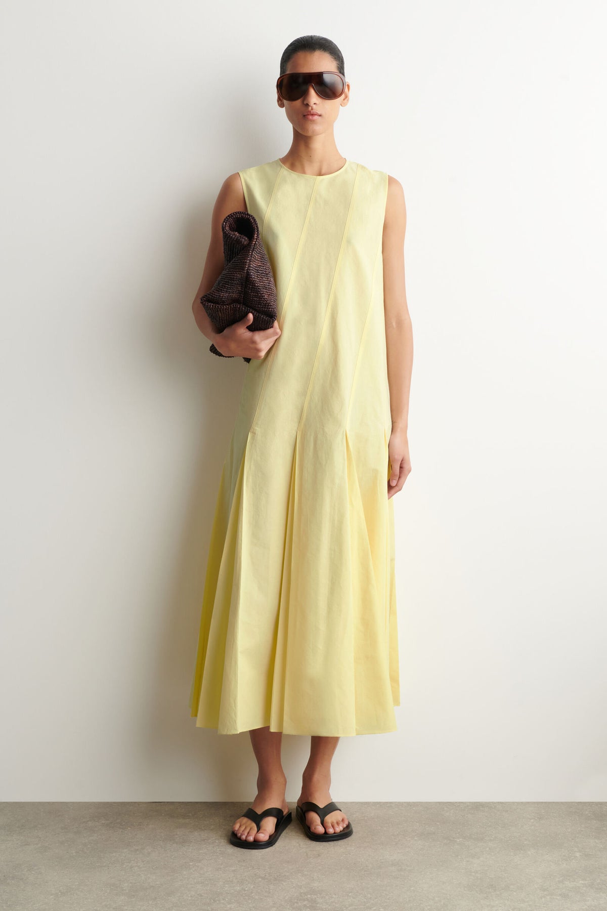 VESTIDO MAXI DE ALGODÓN Y LINO PLISADO - AMARILLO