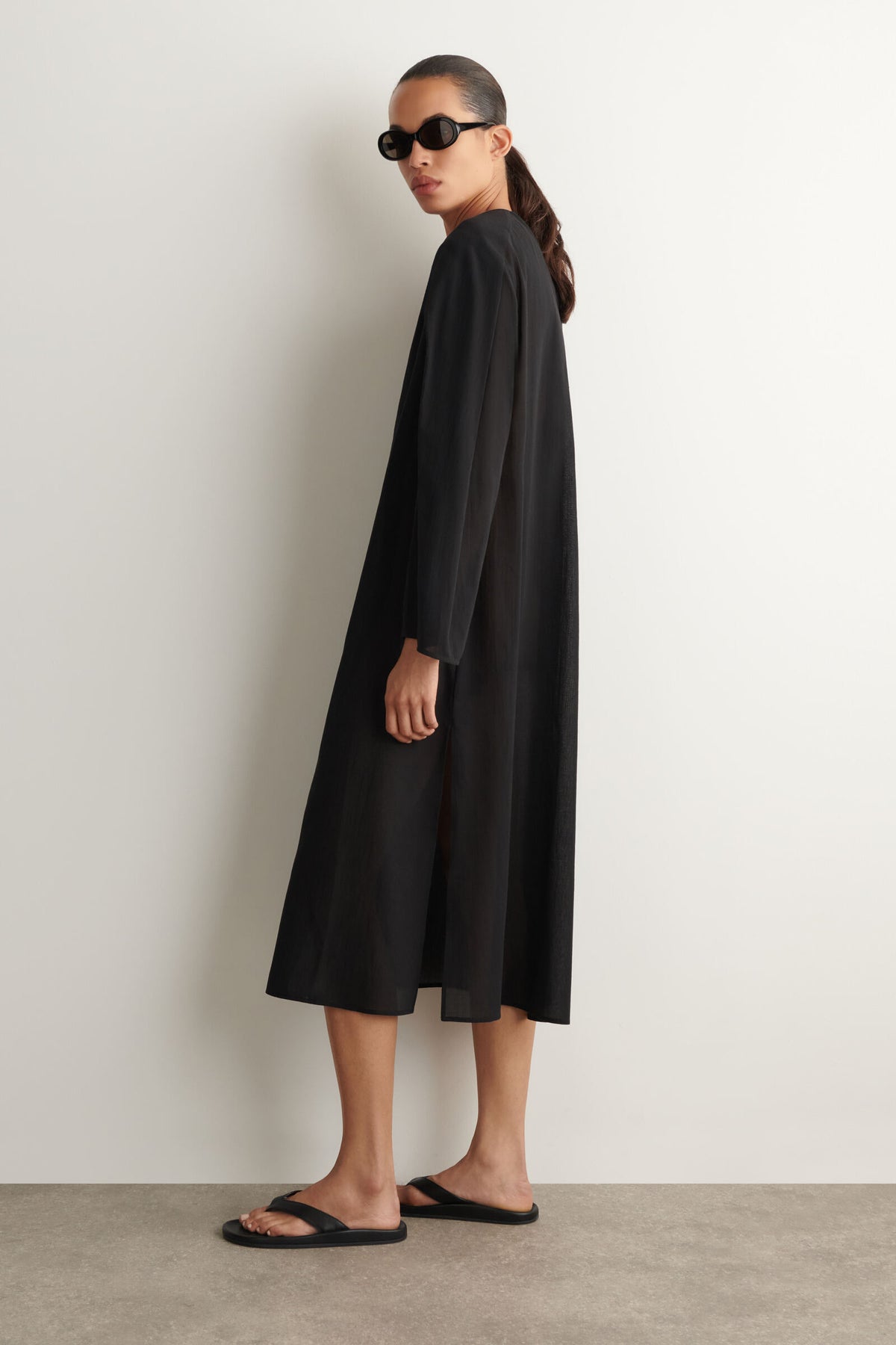 VESTIDO MIDI DE ALGODÓN LIGERO FRUNCIDO - NEGRO