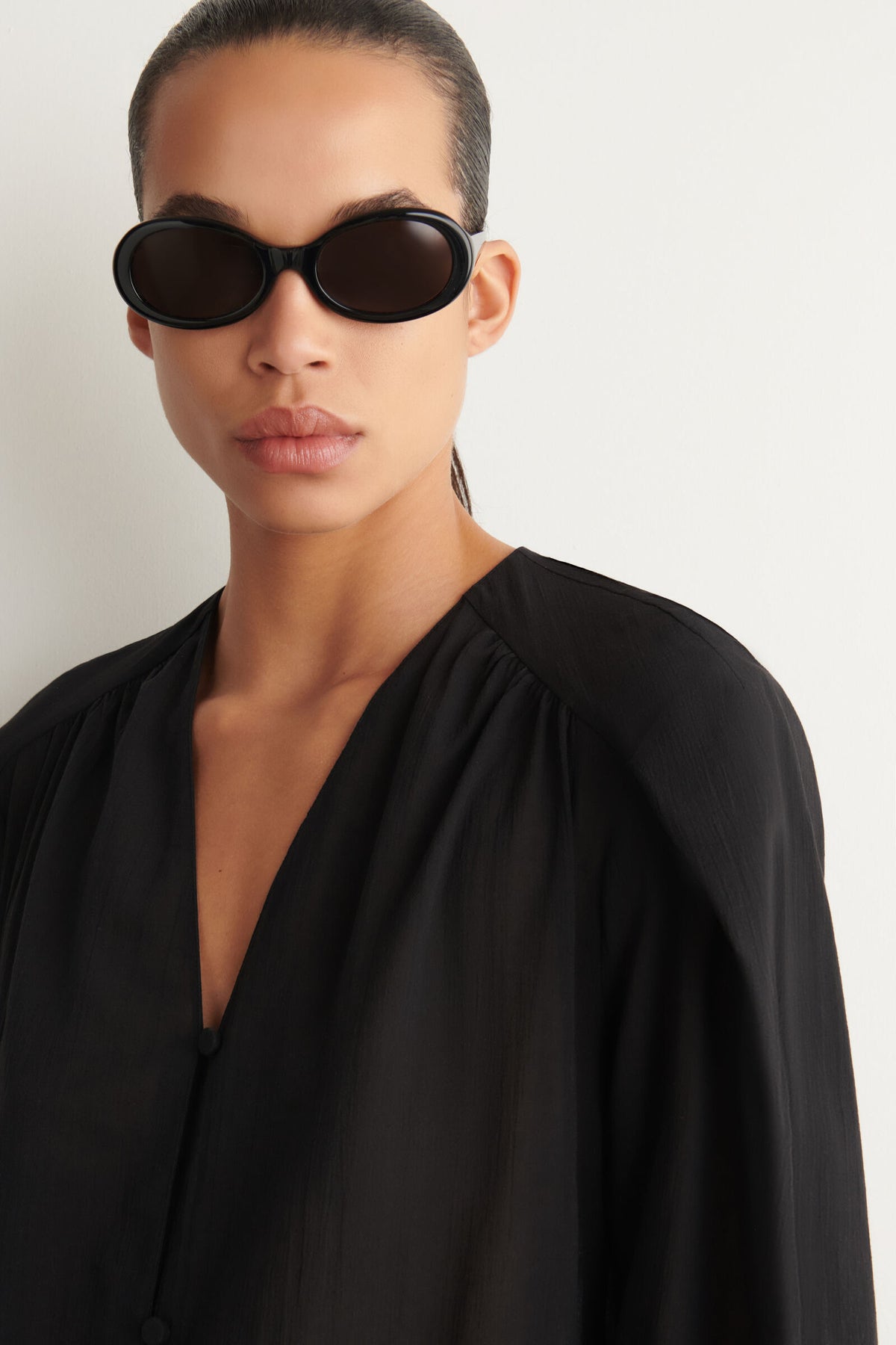 VESTIDO MIDI DE ALGODÓN LIGERO FRUNCIDO - NEGRO