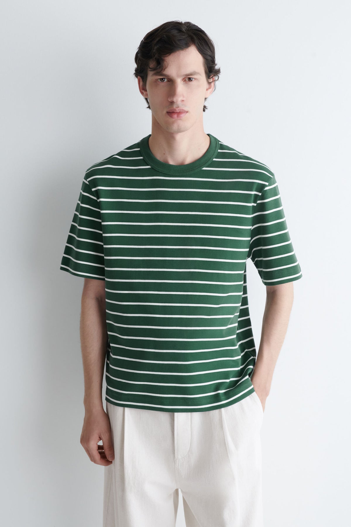 CAMISETA DE ALGODÓN ENTRELAZADO CON CUELLO REDONDO - VERDE / BLANCO / RAYAS