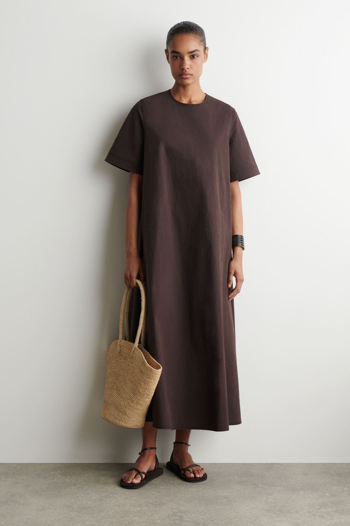 VESTIDO MIDI POPELINA ALGODÓN - MARRÓN