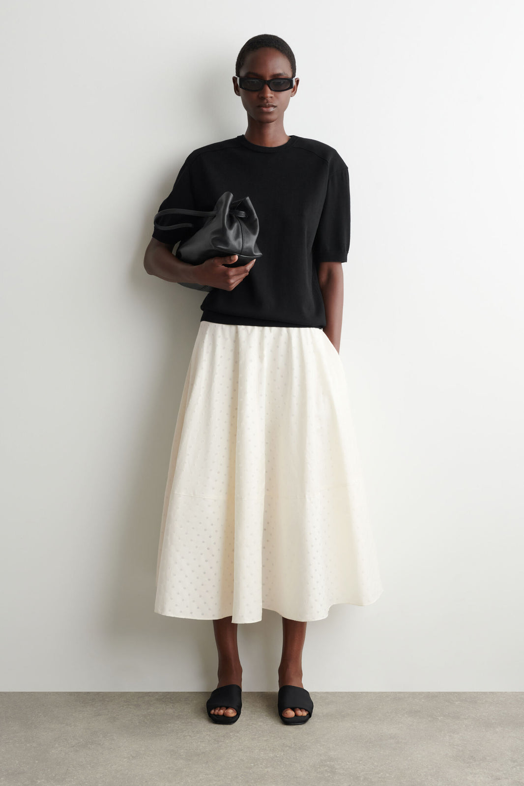 FALDA MIDI DE ALGODÓN JACQUARD DE LUNARES - BLANCO / LUNARES