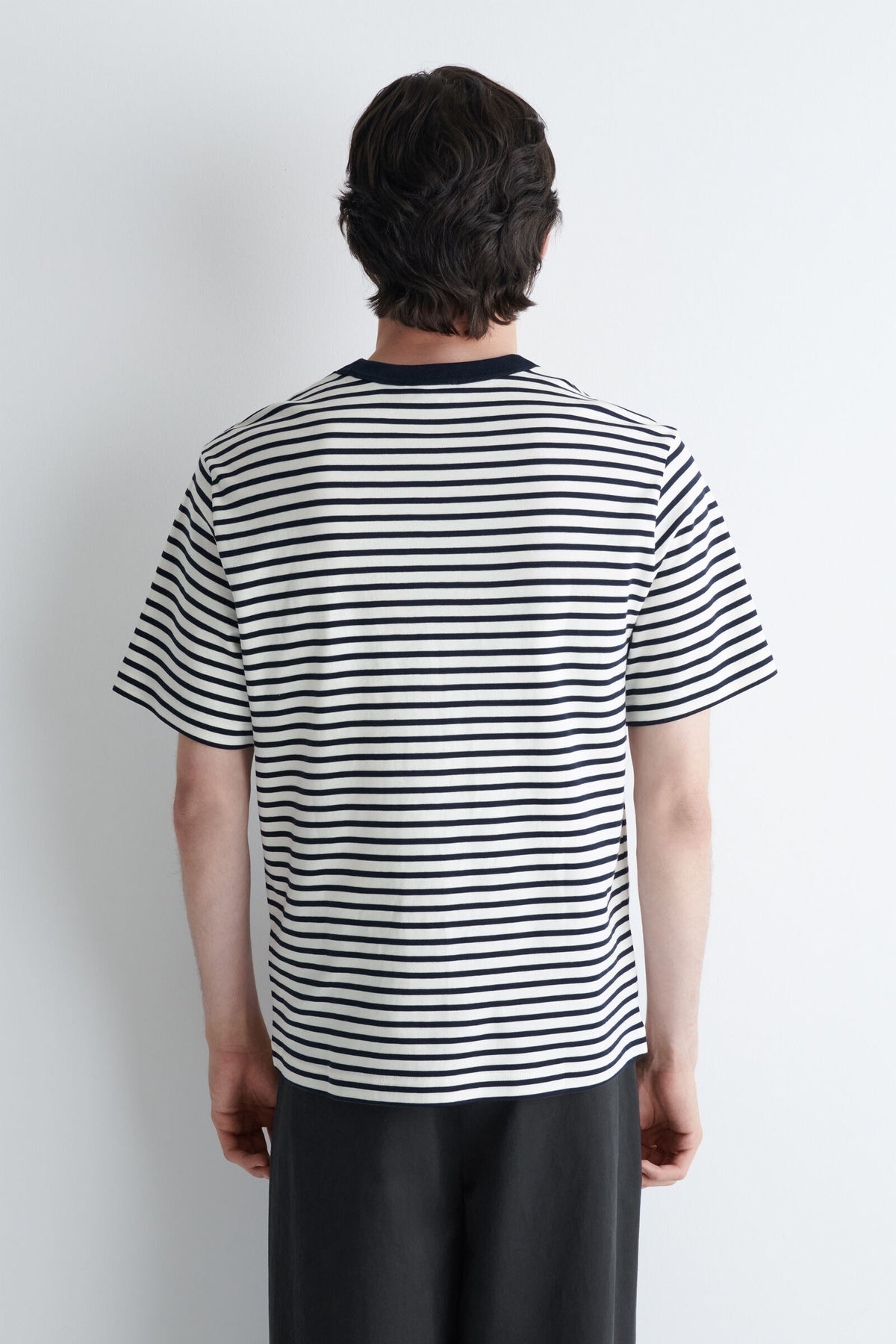 CAMISETA DE ALGODÓN ENTRELAZADO CON CUELLO REDONDO - AZUL MARINO / BLANCO / RAYADO