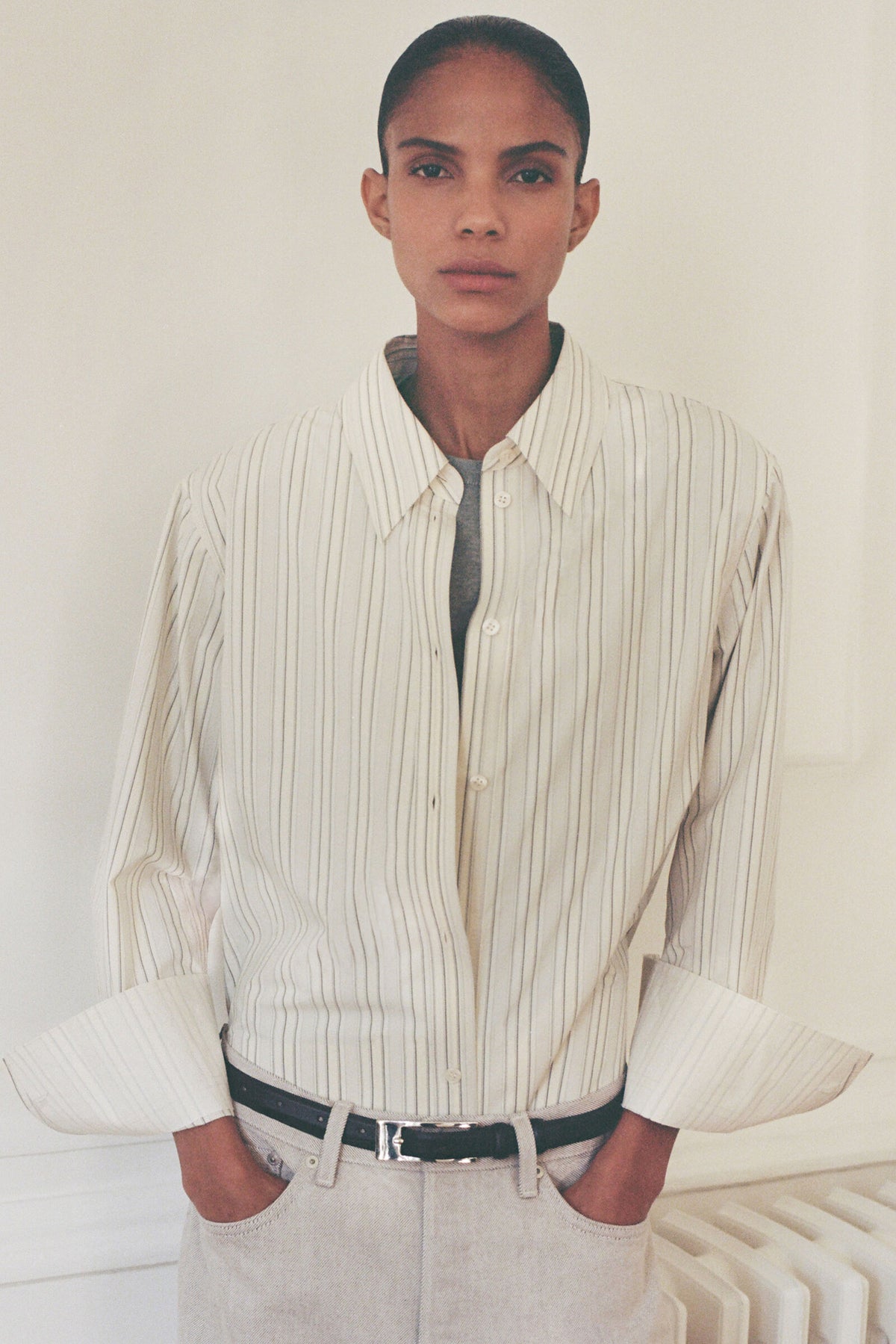 CAMISA DE ALGODÓN CON PANELES UNIDOS - MARFIL / GRIS / RAYADO | Lookbook
