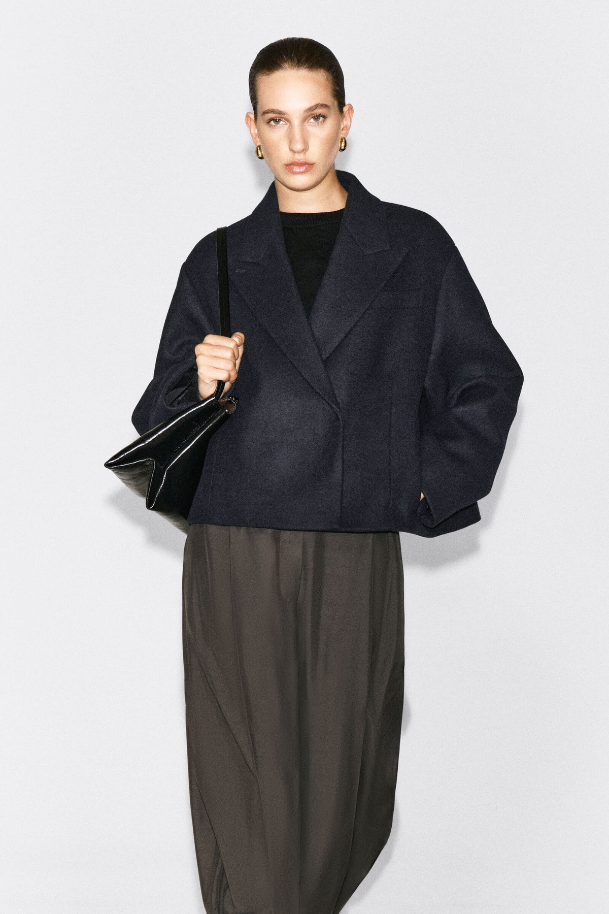 SACO OVERSIZE CORTO DE MEZCLA DE LANA - MARINO