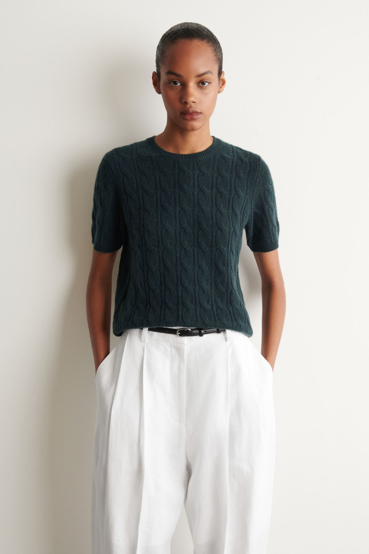 CAMISETA DE CASHMERE PUNTO TRENZADO - VERDE OSCURO