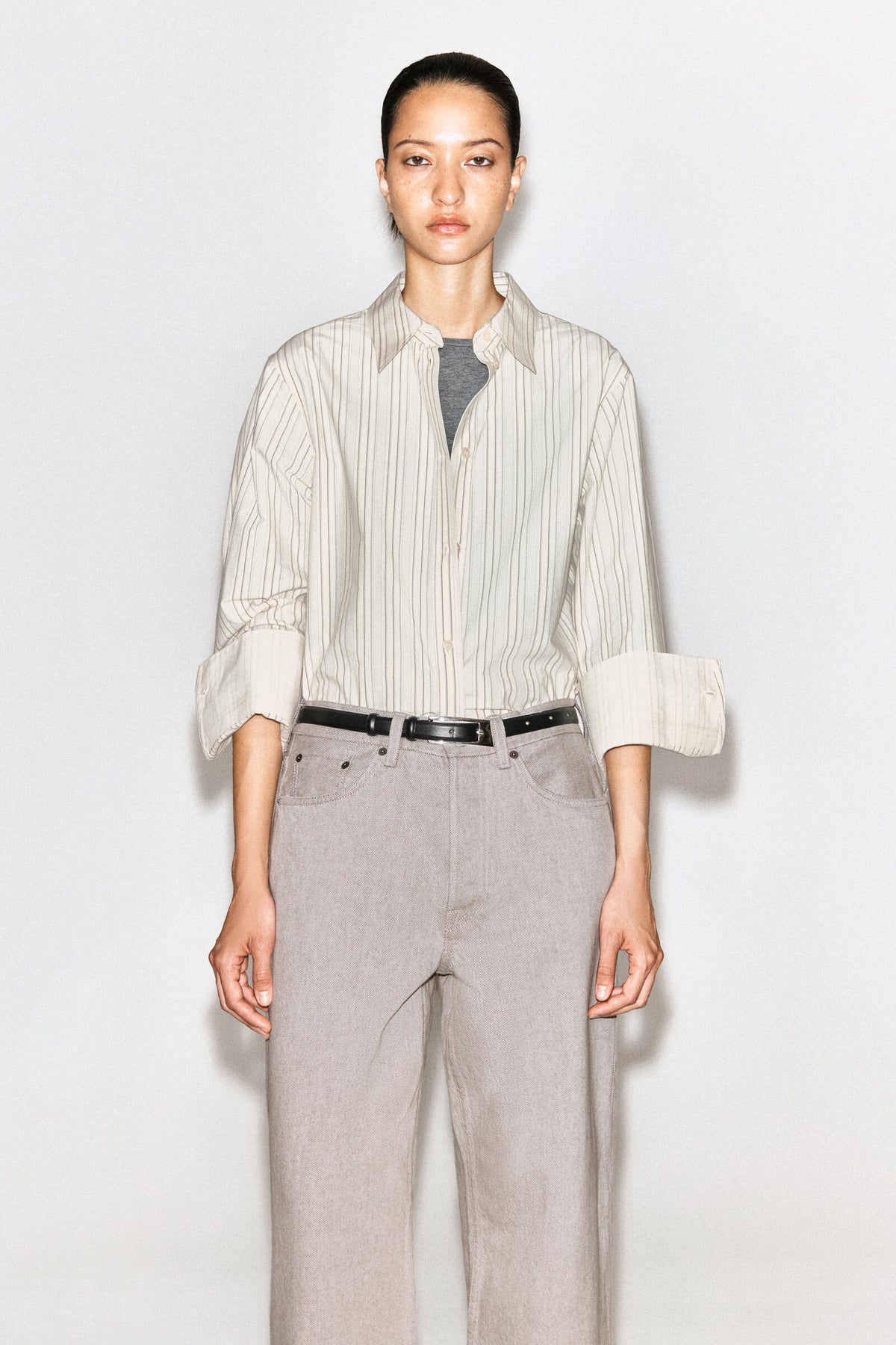 CAMISA DE ALGODÓN CON PANELES UNIDOS - MARFIL / GRIS / RAYADO