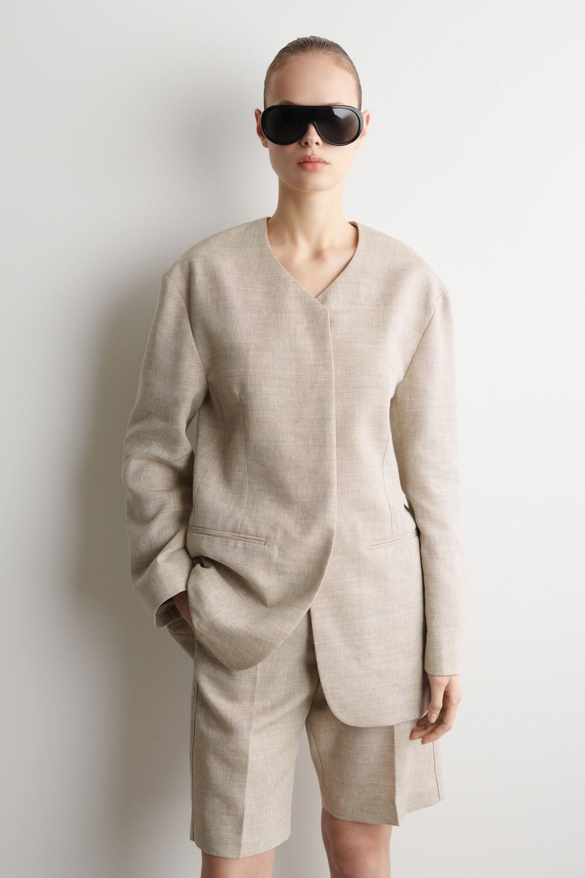 SACO DE LINO ESTRUCTURADO SIN CUELLO - BEIGE JASPEADO - StillMedia/Lookbook