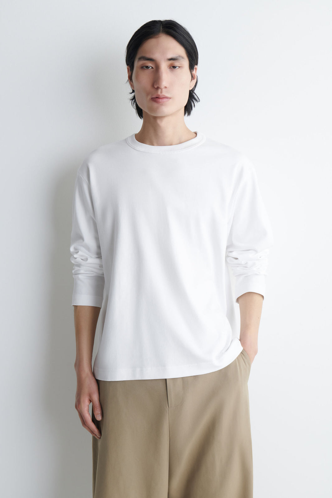 CAMISETA DE JERSEY INTERLOCK RELAJADA DE MANGA LARGA - BLANCO