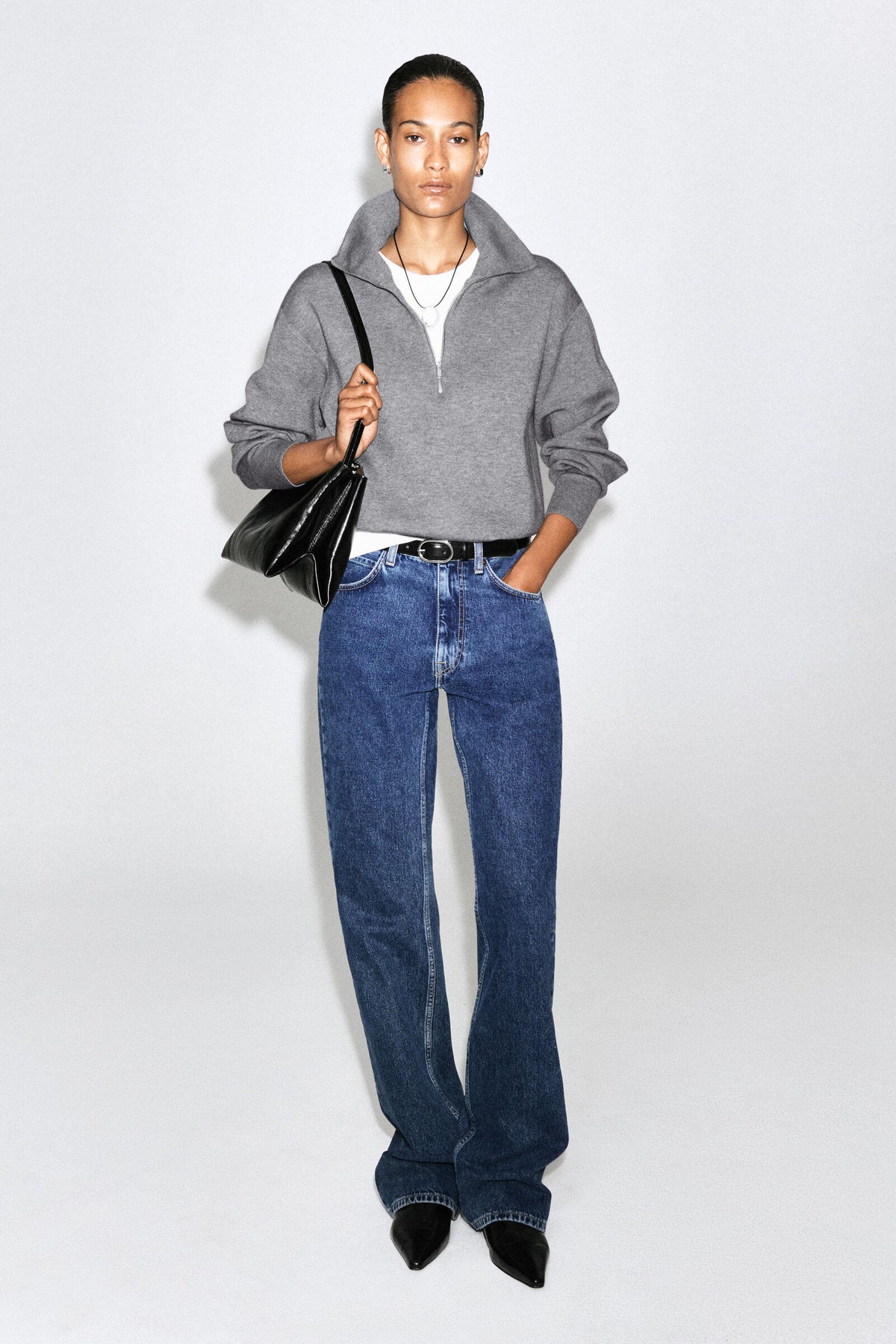 SWEATER DE PUNTO CON MEDIO CIERRE Y CUELLO DE EMBUDO - GRIS MEZCLA