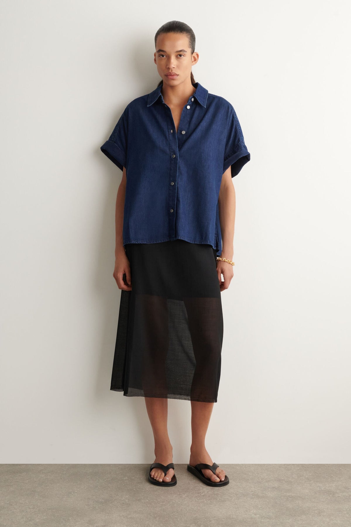 CAMISA DE MEZCLILLA DE MANGA CORTA - AZUL OSCURO