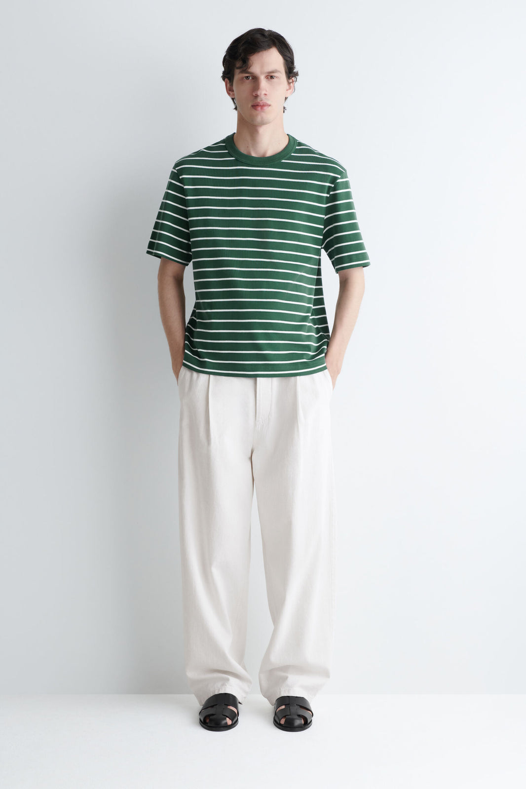 CAMISETA DE ALGODÓN ENTRELAZADO CON CUELLO REDONDO - VERDE / BLANCO / RAYAS