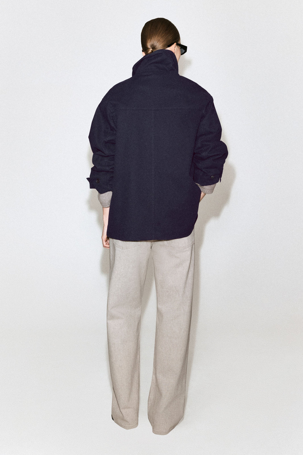 CHAQUETA DE CUELLO DE EMBUDO DE ALGODÓN-TWILL - AZUL MARINO