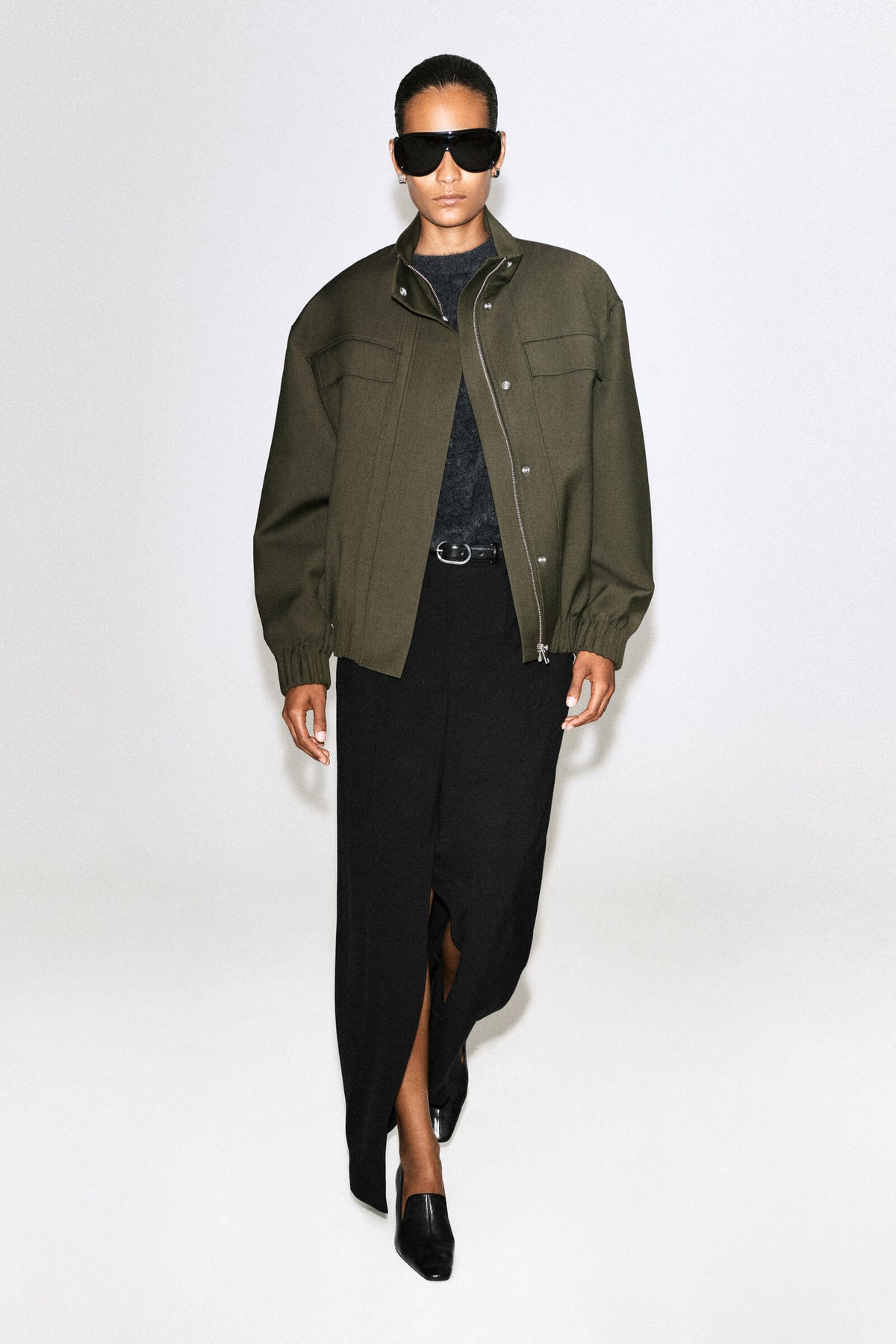 CHAQUETA BOMBER DE MEZCLA DE LANA CON CUELLO DE EMBUDO - KHAKI MÉLANGE