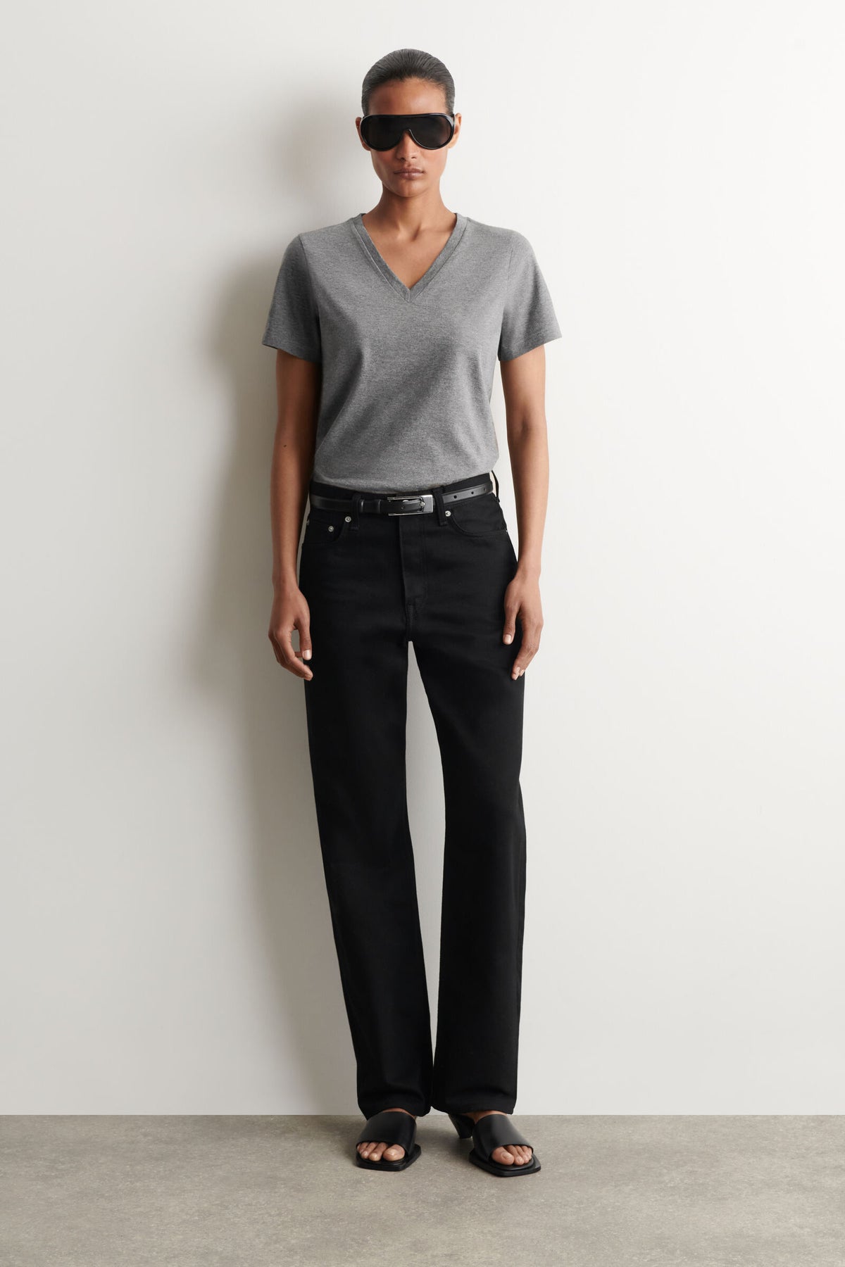 CAMISETA ALGODÓN CUELLO PICO - GRIS JASPEADO