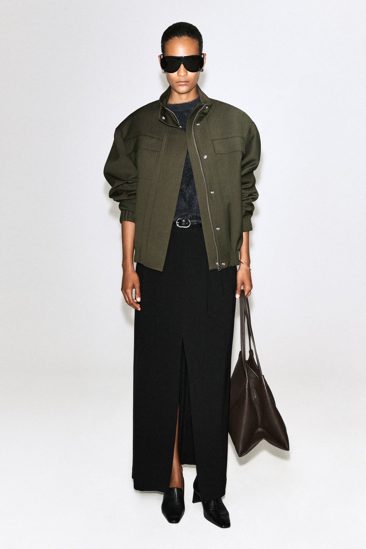 CHAQUETA BOMBER DE MEZCLA DE LANA CON CUELLO DE EMBUDO - KHAKI MÉLANGE