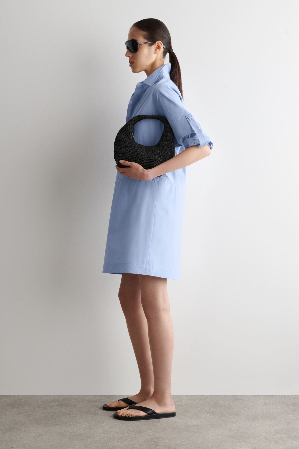 VESTIDO DE CAMISA DE ALGODÓN POPLÍN CON MANGAS CORTAS - AZUL