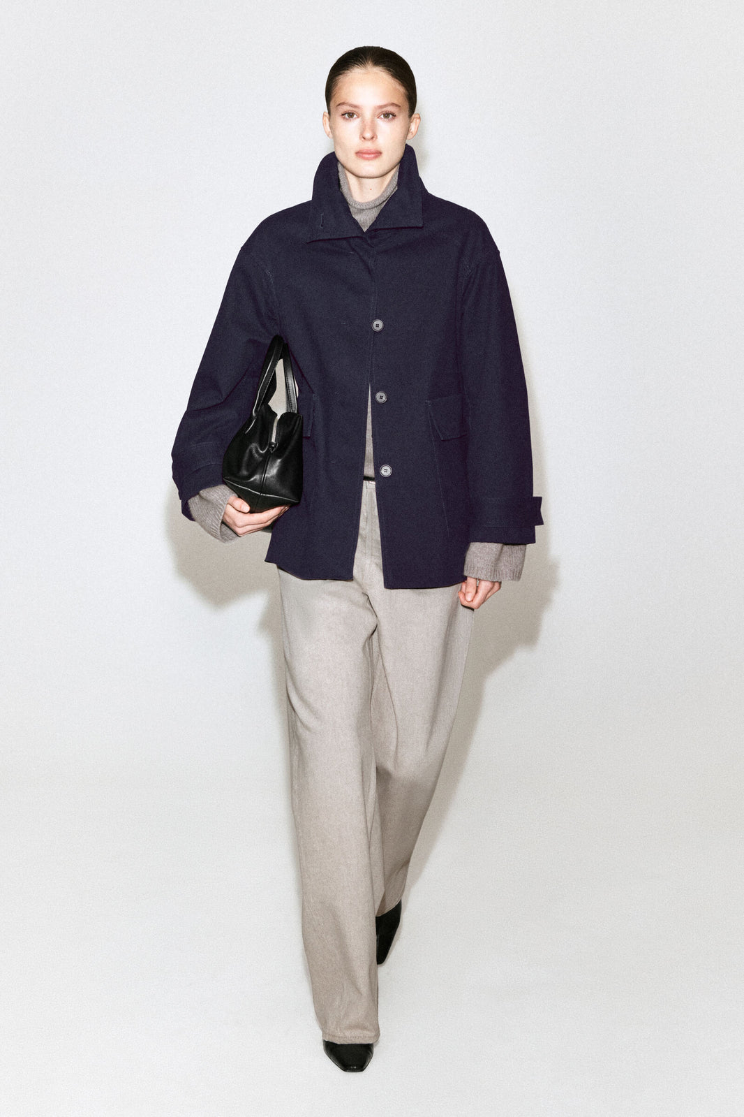 CHAQUETA DE CUELLO DE EMBUDO DE ALGODÓN-TWILL - AZUL MARINO