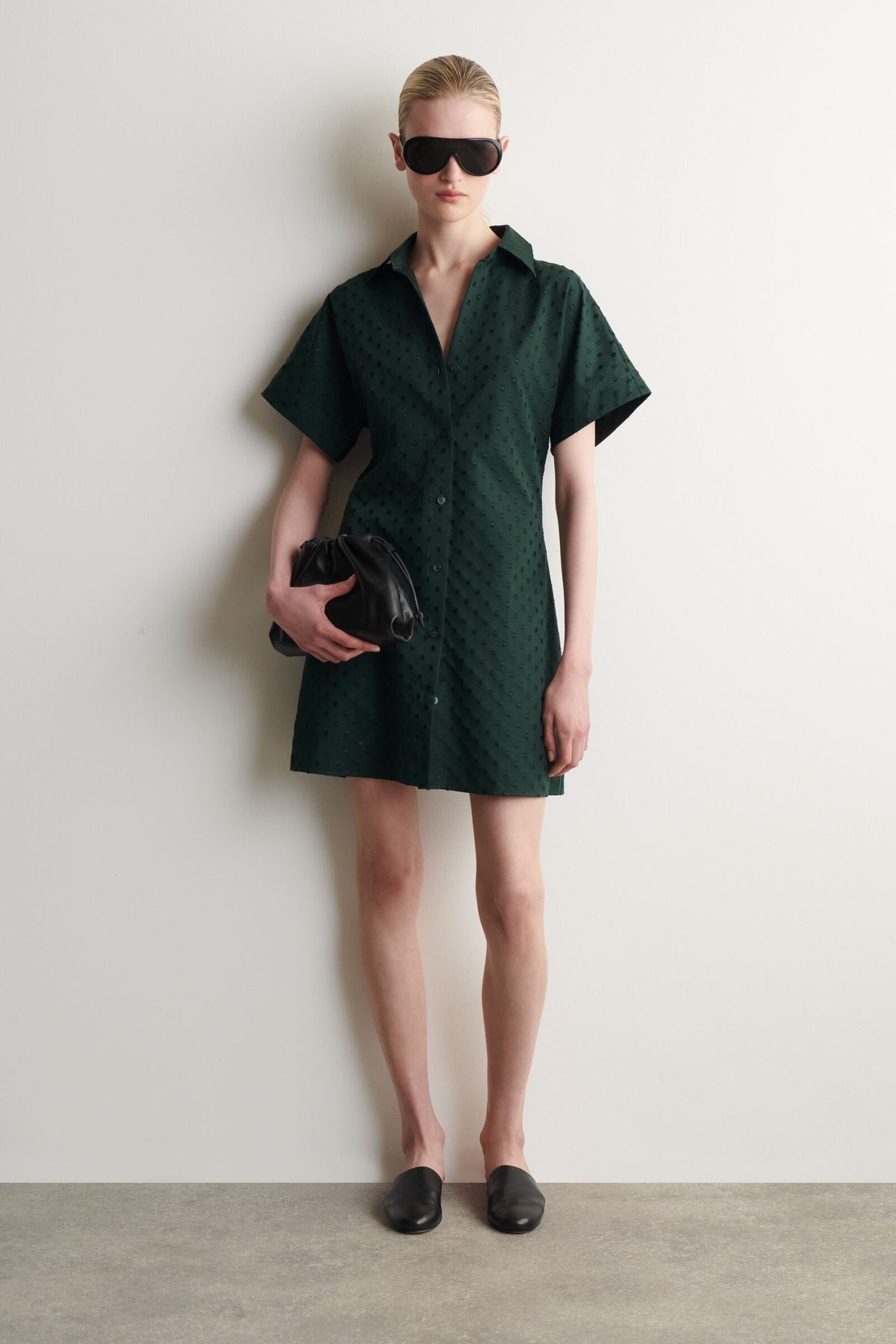 VESTIDO CAMISA DE ALGODÓN JACQUARD DE LUNARES - VERDE OSCURO / LUNARES